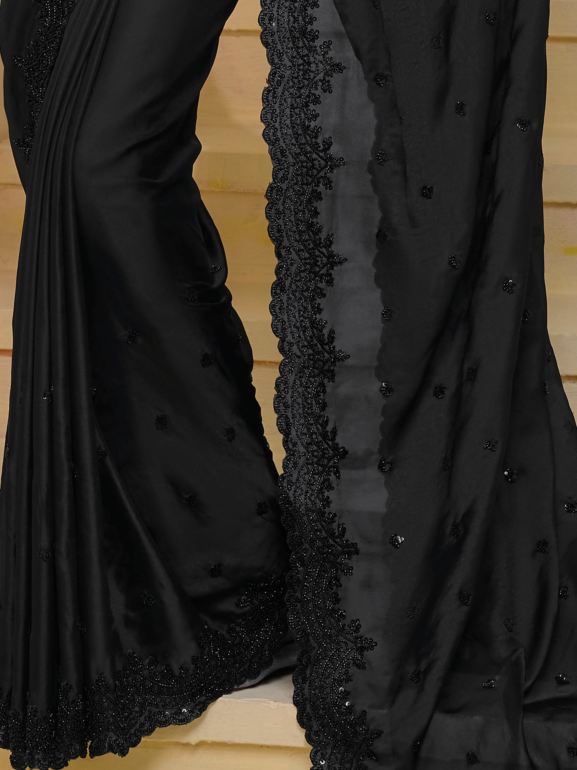 Beautiful Black Sequins Organza Party Wear Saree With Blouse