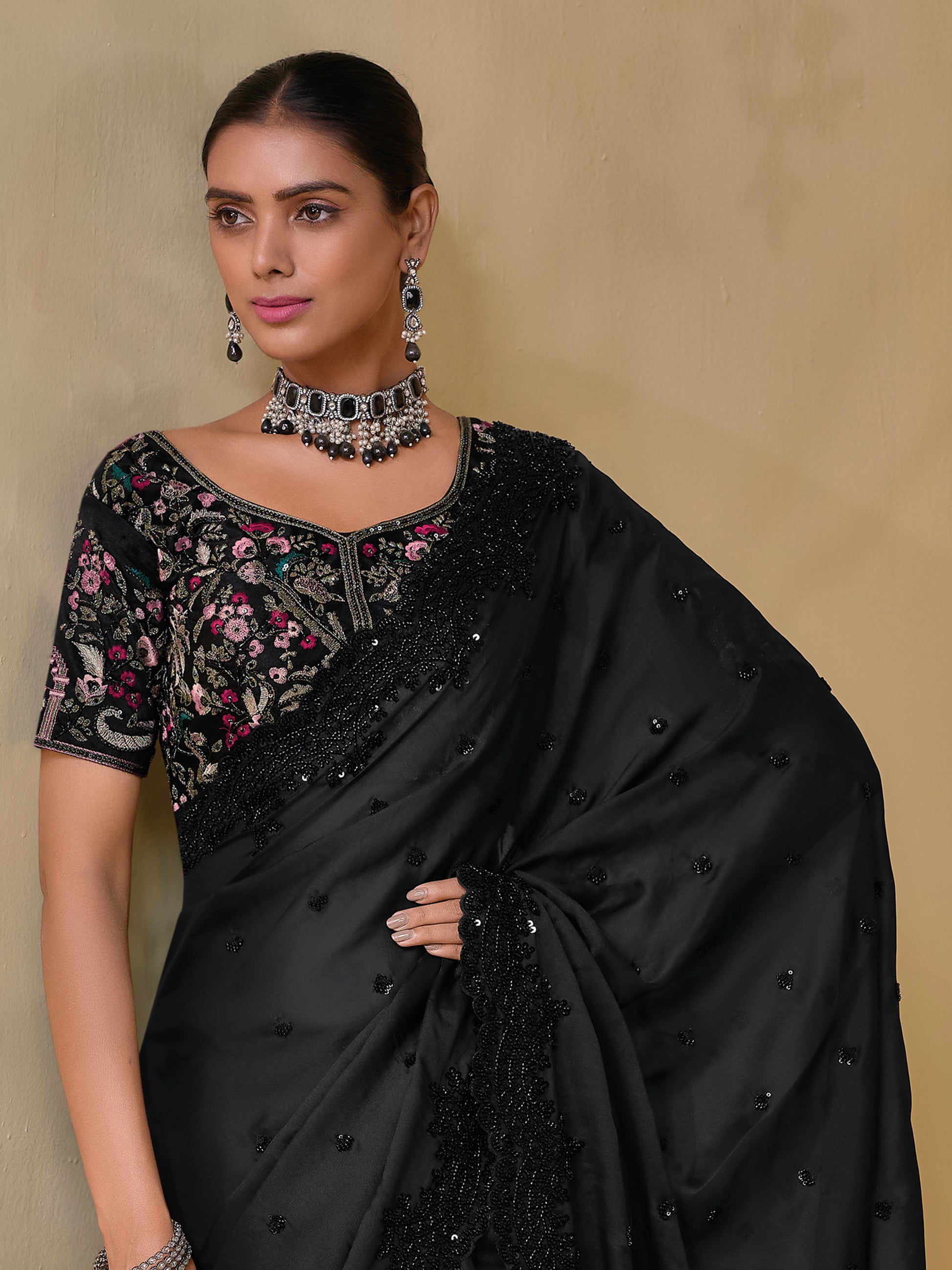 Beautiful Black Sequins Organza Party Wear Saree With Blouse