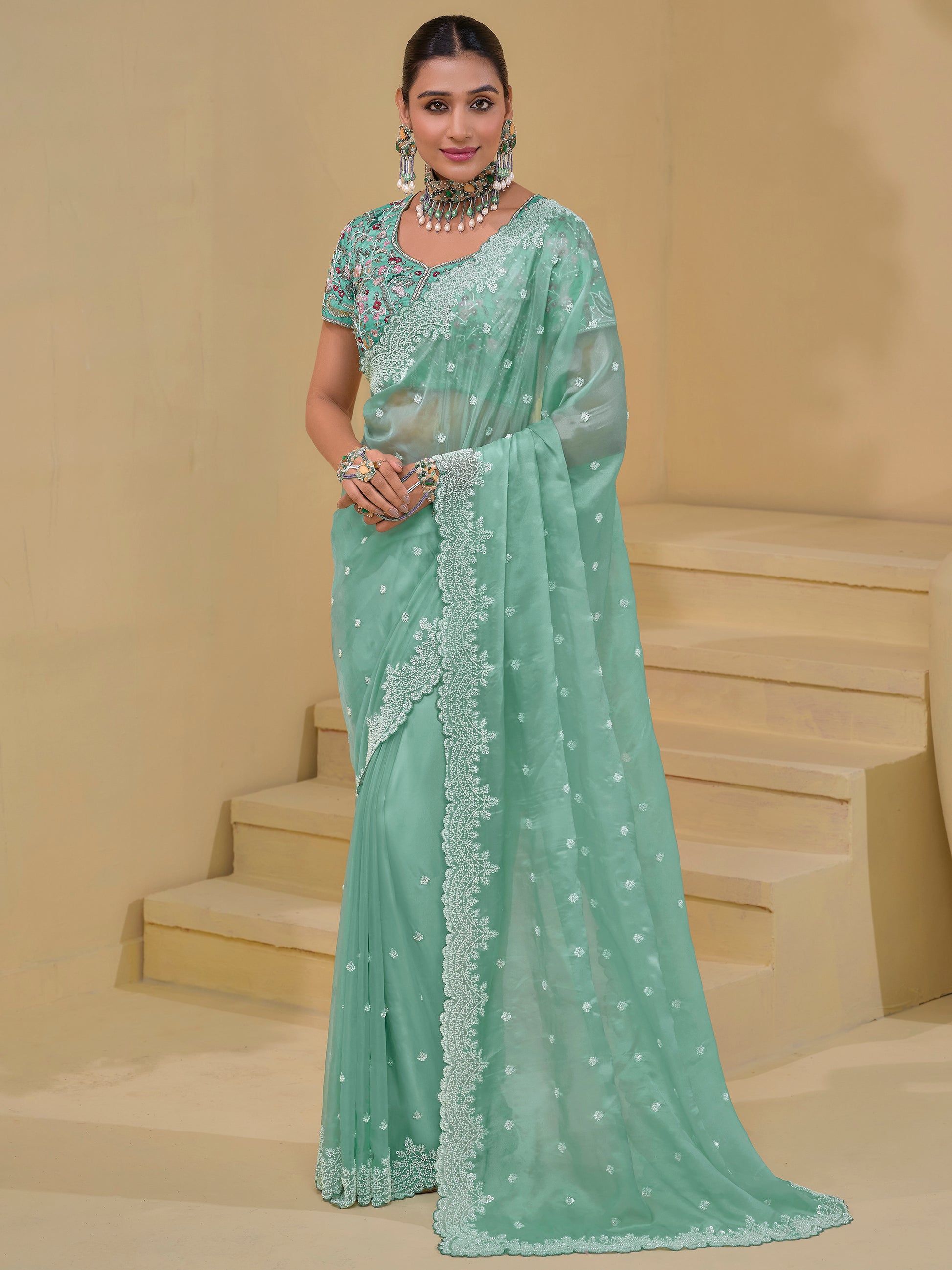 Beautiful Sea Green Sequins Organza Wedding Saree With Blouse
