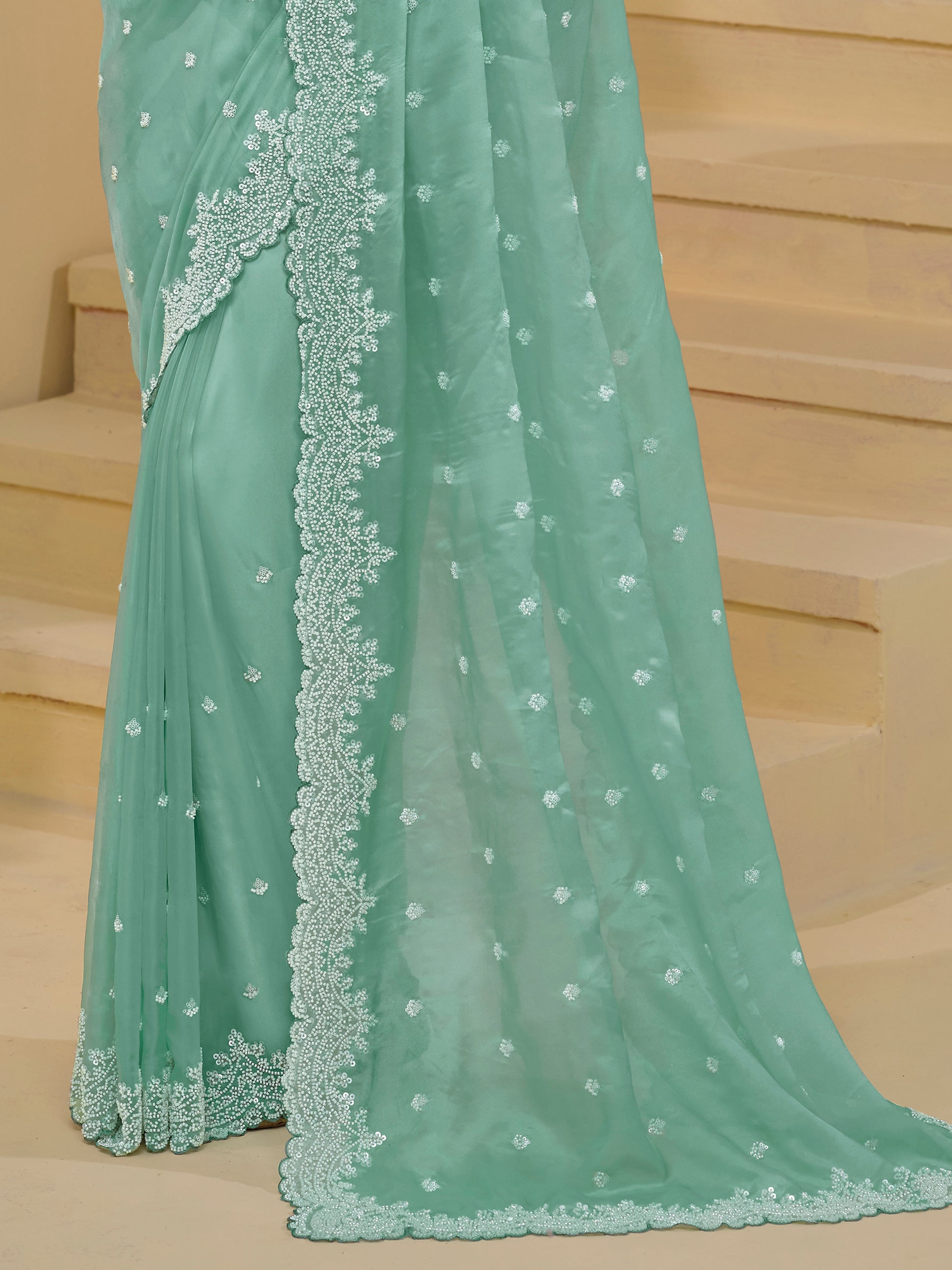 Beautiful Sea Green Sequins Organza Wedding Saree With Blouse