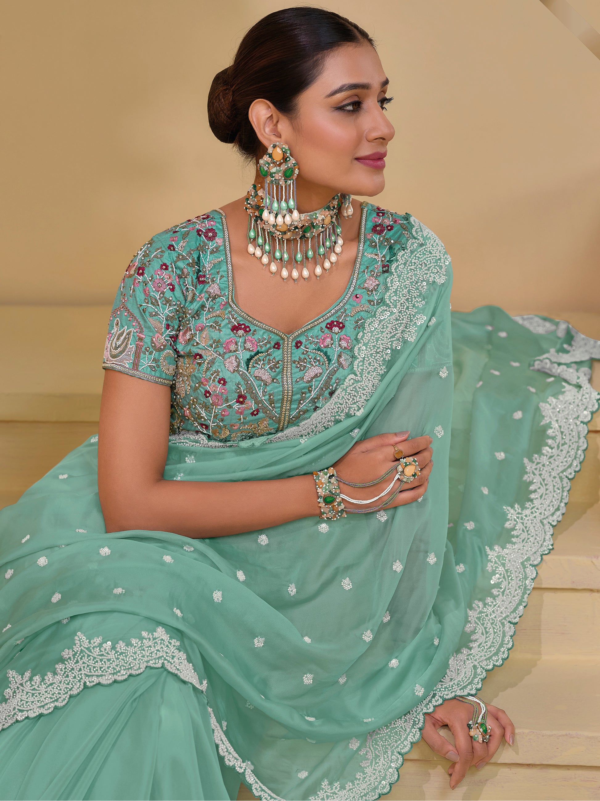 Beautiful Sea Green Sequins Organza Wedding Saree With Blouse