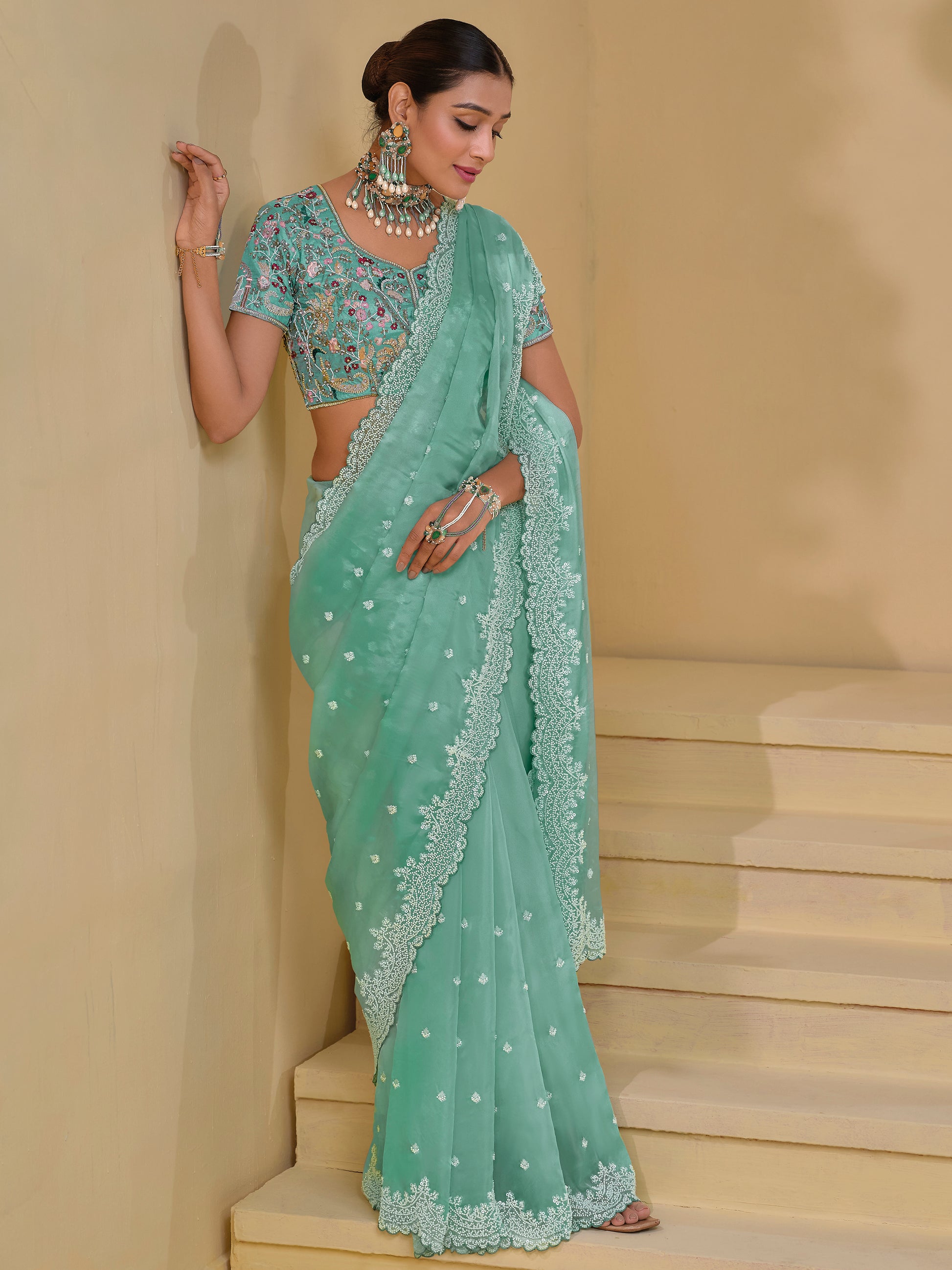 Beautiful Sea Green Sequins Organza Wedding Saree With Blouse