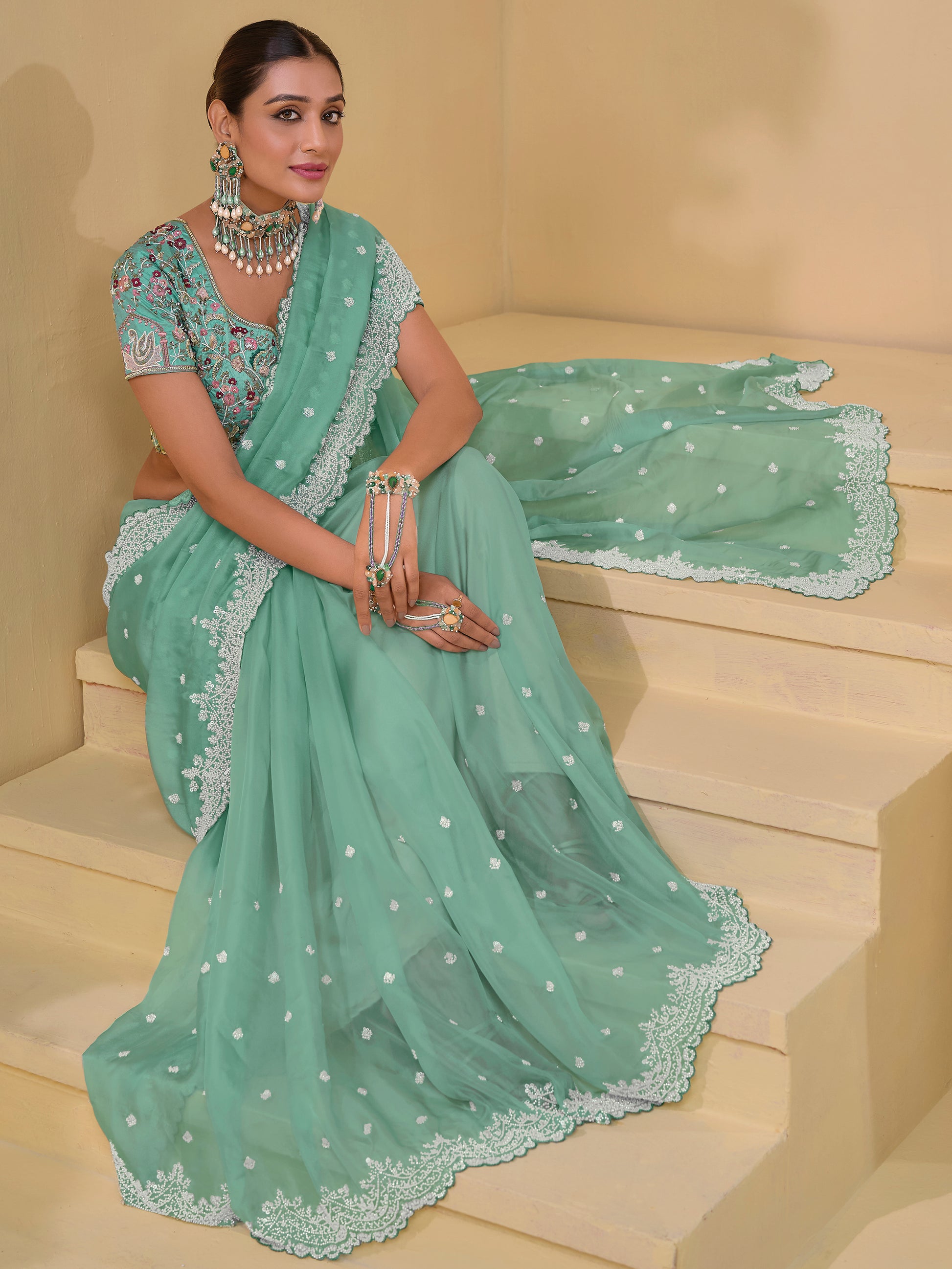 Beautiful Sea Green Sequins Organza Wedding Saree With Blouse