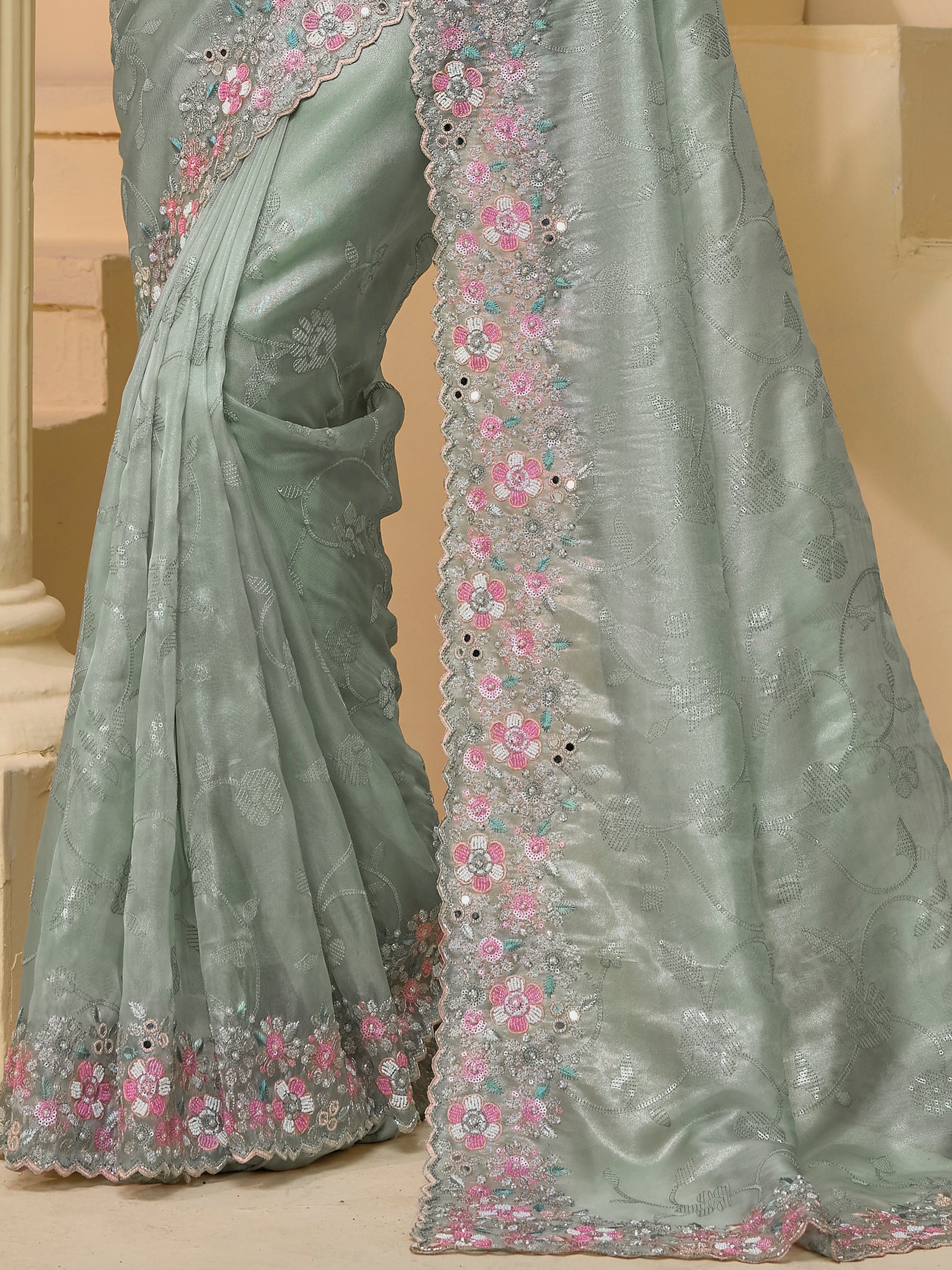 Lovely Sea Green Mirror Work Organza Festival Wear Saree With Blouse