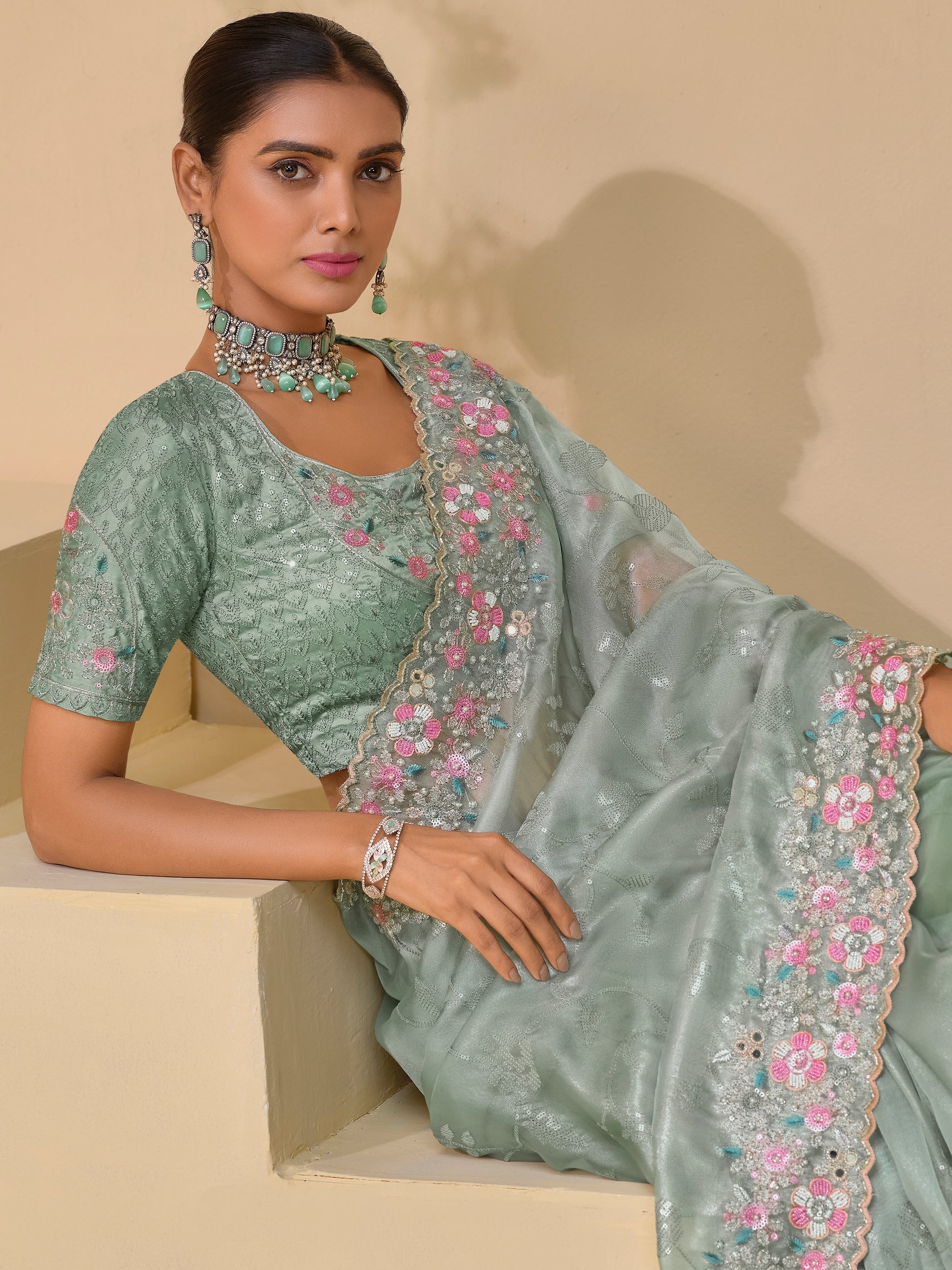 Lovely Sea Green Mirror Work Organza Festival Wear Saree With Blouse