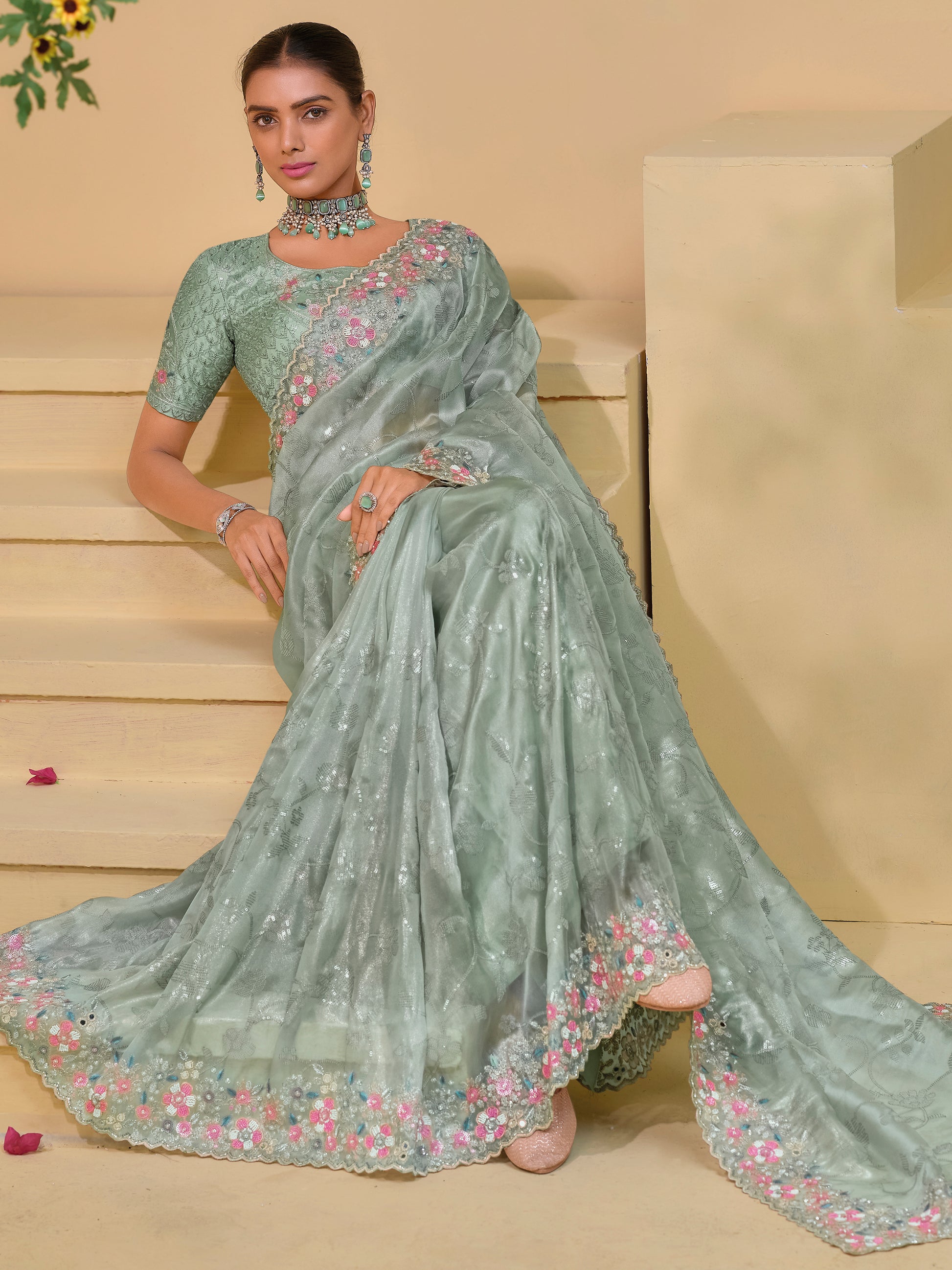 Lovely Sea Green Mirror Work Organza Festival Wear Saree With Blouse
