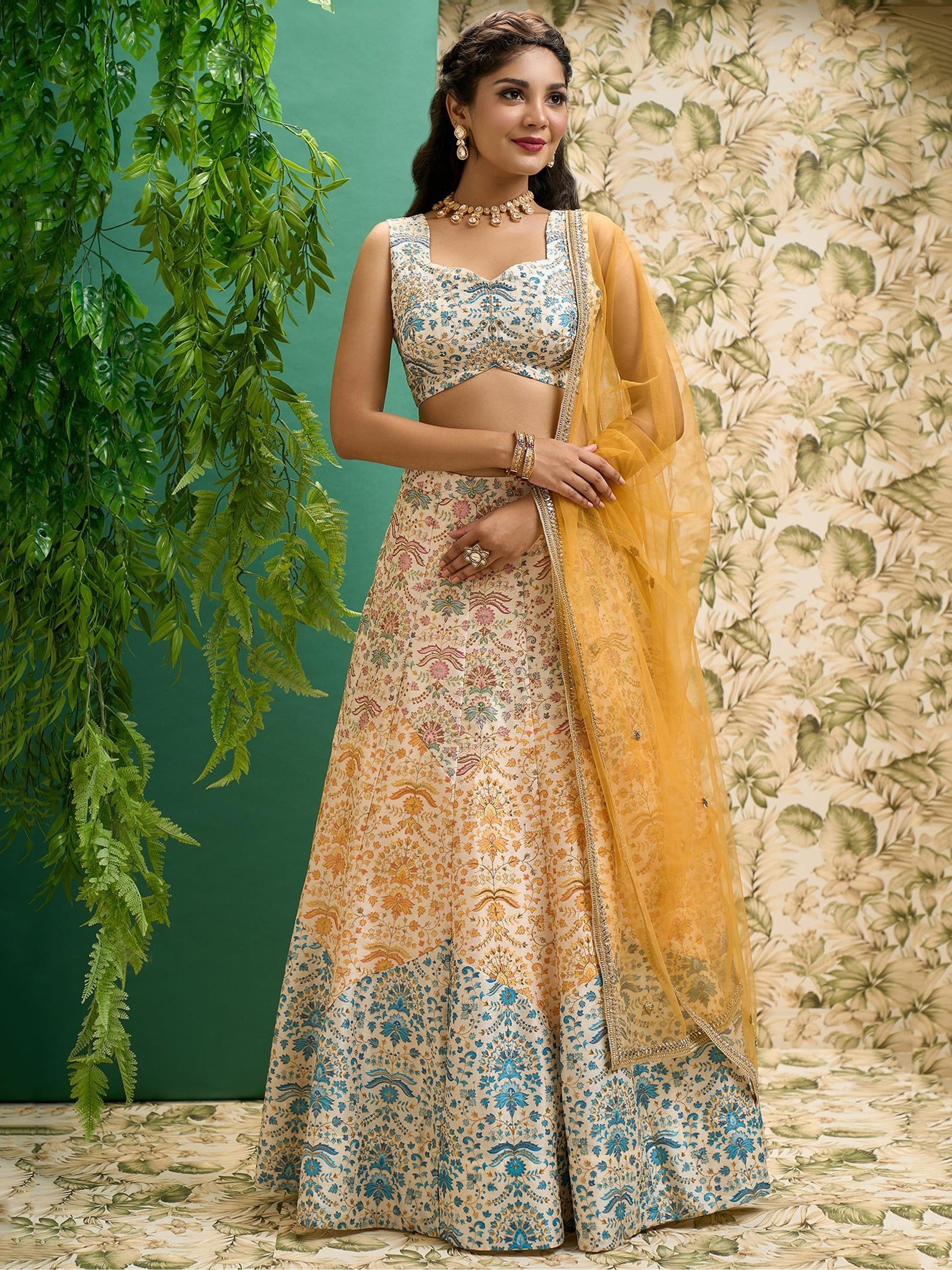 Stunning Off-White Printed Art Silk Wedding Lehenga Choli With Dupatta