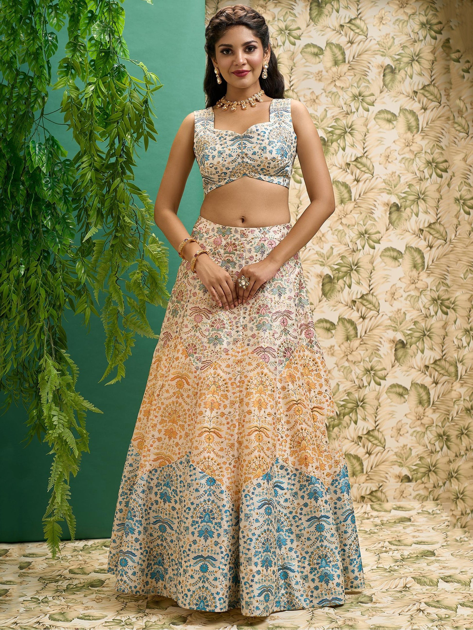 Stunning Off-White Printed Art Silk Wedding Lehenga Choli With Dupatta