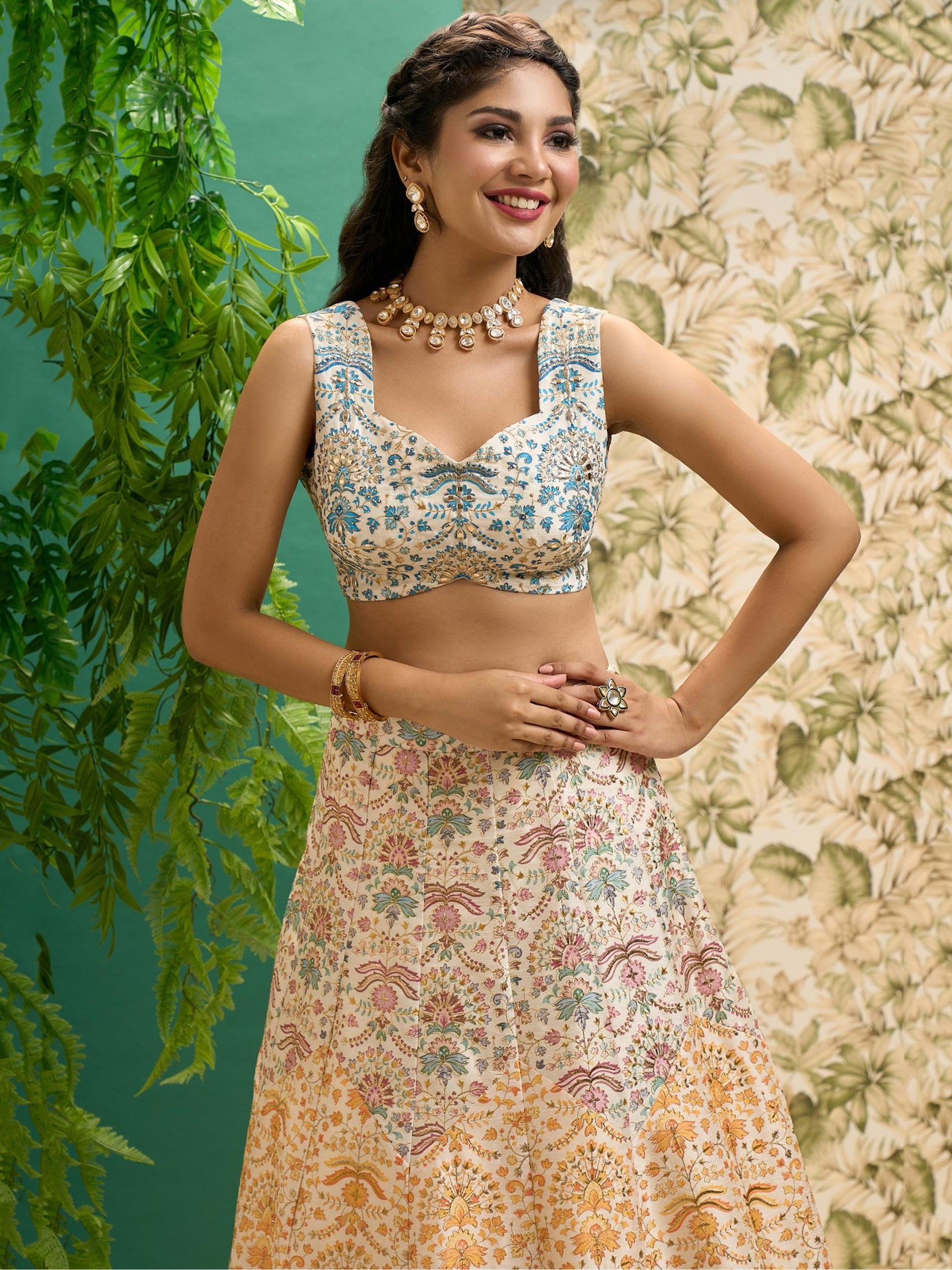 Stunning Off-White Printed Art Silk Wedding Lehenga Choli With Dupatta