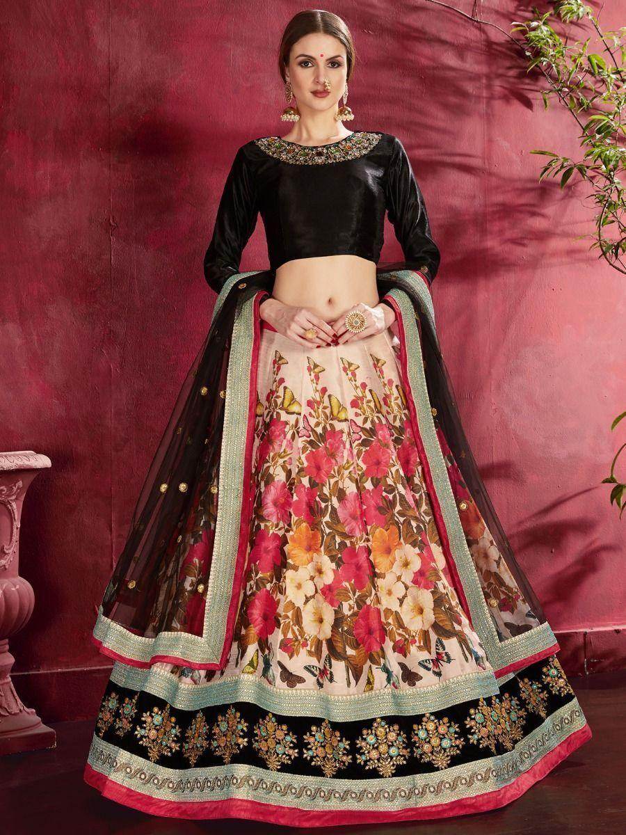 Multi-Color Floral Print Banglori Silk Reception Wear Lehenga Choli - Zeel Clothing