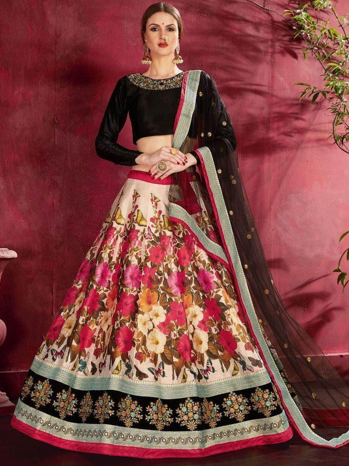 Multi-Color Floral Print Banglori Silk Reception Wear Lehenga Choli - Zeel Clothing