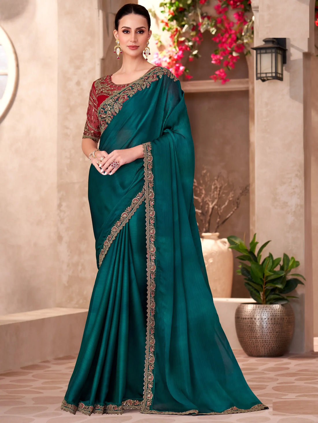 Noteworthy Teal Green Embroidery Border Work Chiffon Event Wear Saree - Zeel Clothing