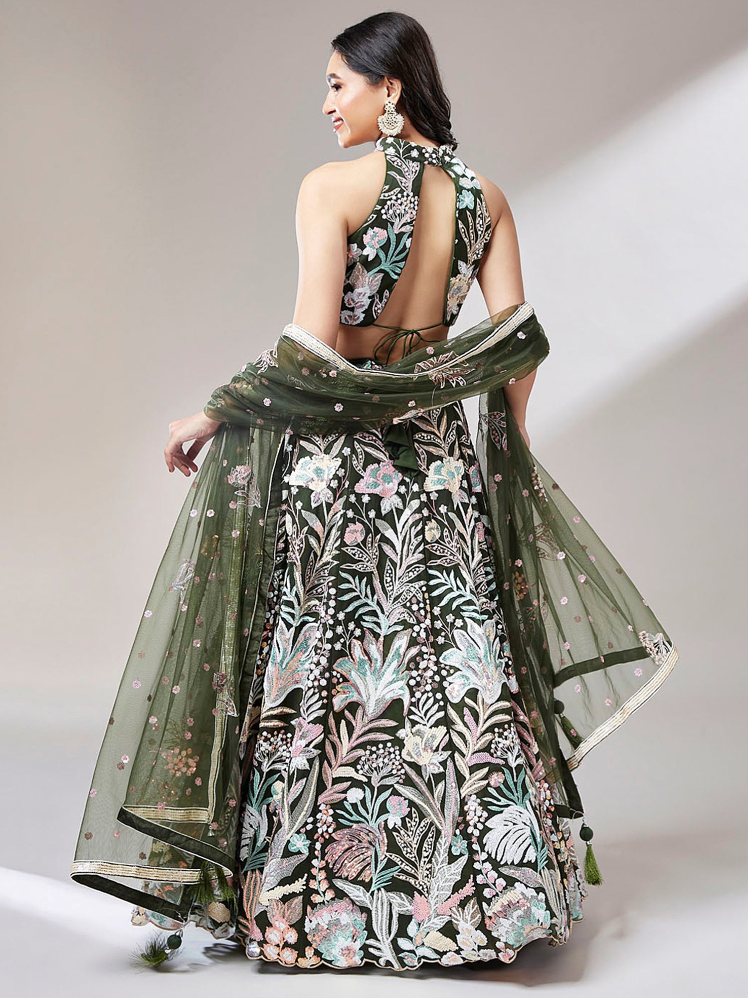 Marvelous Olive Green Sequins Net Mehendi Wear Lehenga Choli