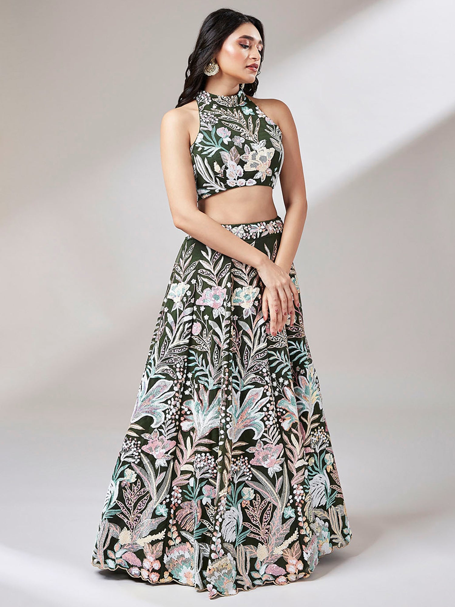 Marvelous Olive Green Sequins Net Mehendi Wear Lehenga Choli