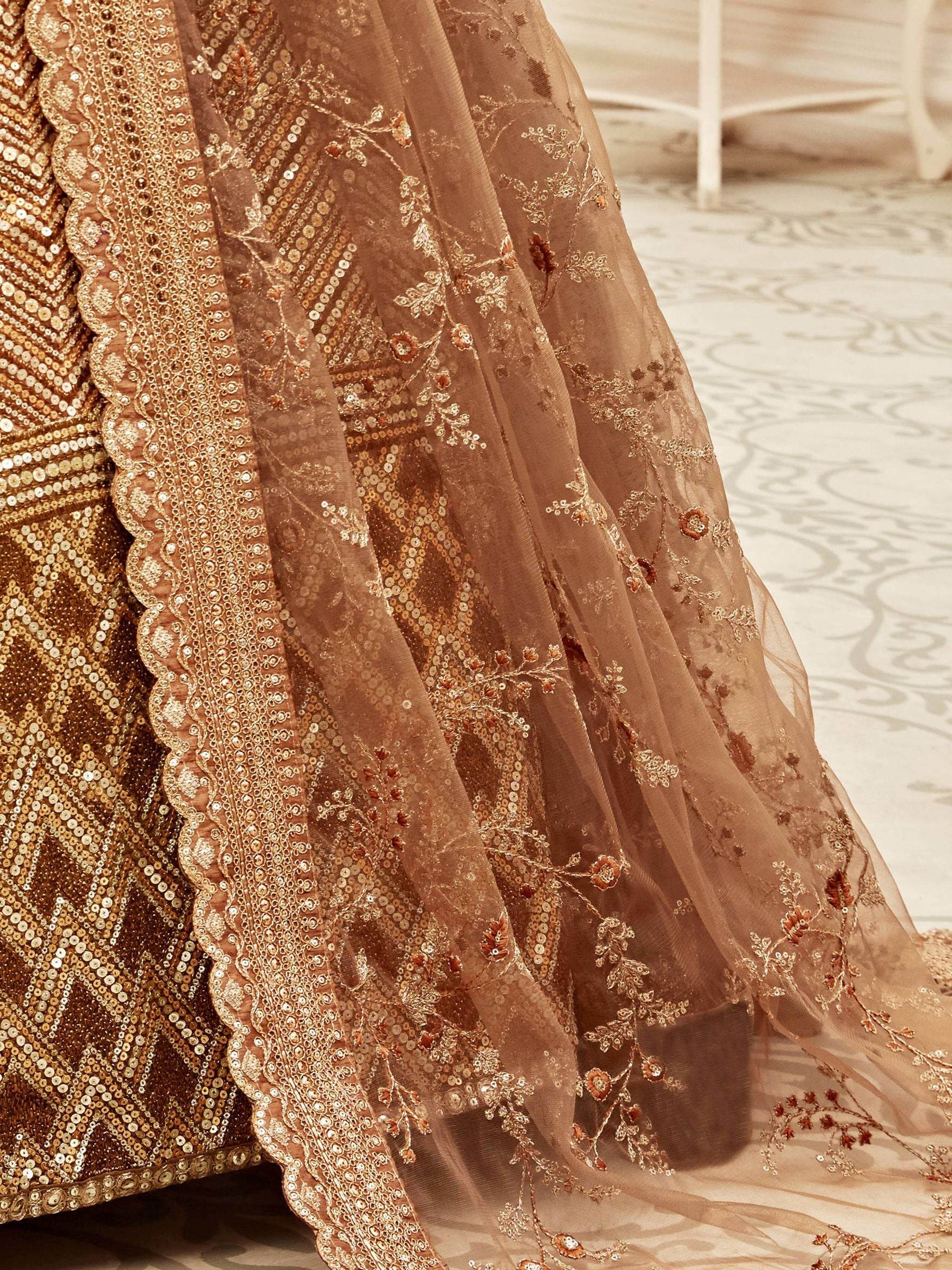 Outstanding Brown Embroidered Slub Silk Wedding Wear Lehenga Choli - Zeel Clothing