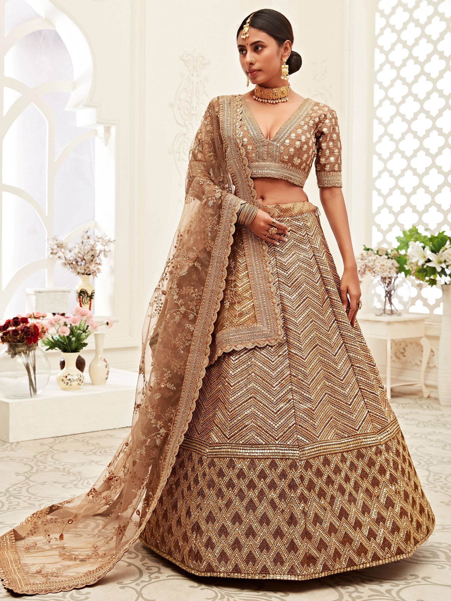 Outstanding Brown Embroidered Slub Silk Wedding Wear Lehenga Choli - Zeel Clothing