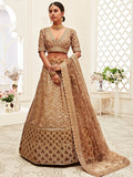 Outstanding Brown Embroidered Slub Silk Wedding Wear Lehenga Choli - Zeel Clothing