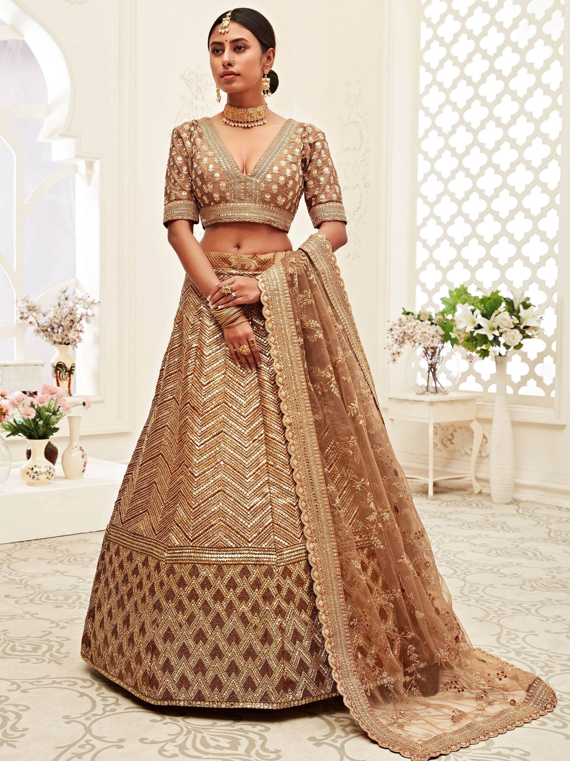 Outstanding Brown Embroidered Slub Silk Wedding Wear Lehenga Choli - Zeel Clothing