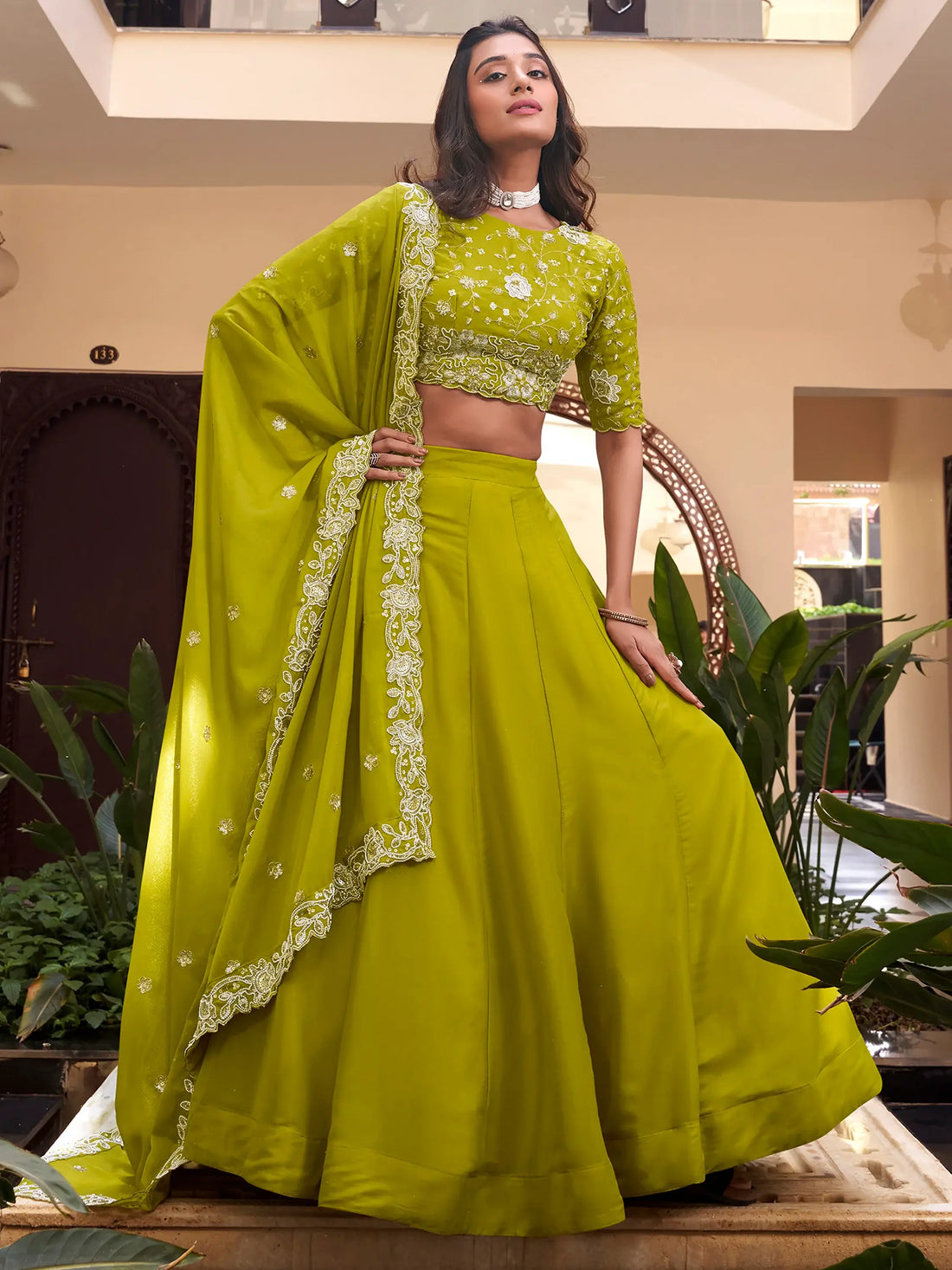 Outstanding Light Green Goergette Festival Wear Lehenga Choli With Dupatta - Zeel Clothing