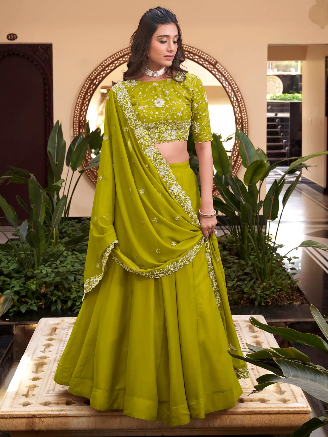 Outstanding Light Green Goergette Festival Wear Lehenga Choli With Dupatta - Zeel Clothing