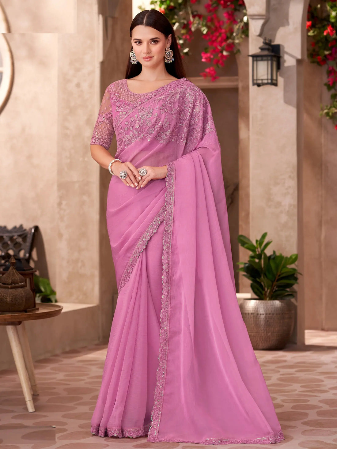 Phenomenal Pink Border Work Chiffon Engagement Wear Saree With Blouse - Zeel Clothing