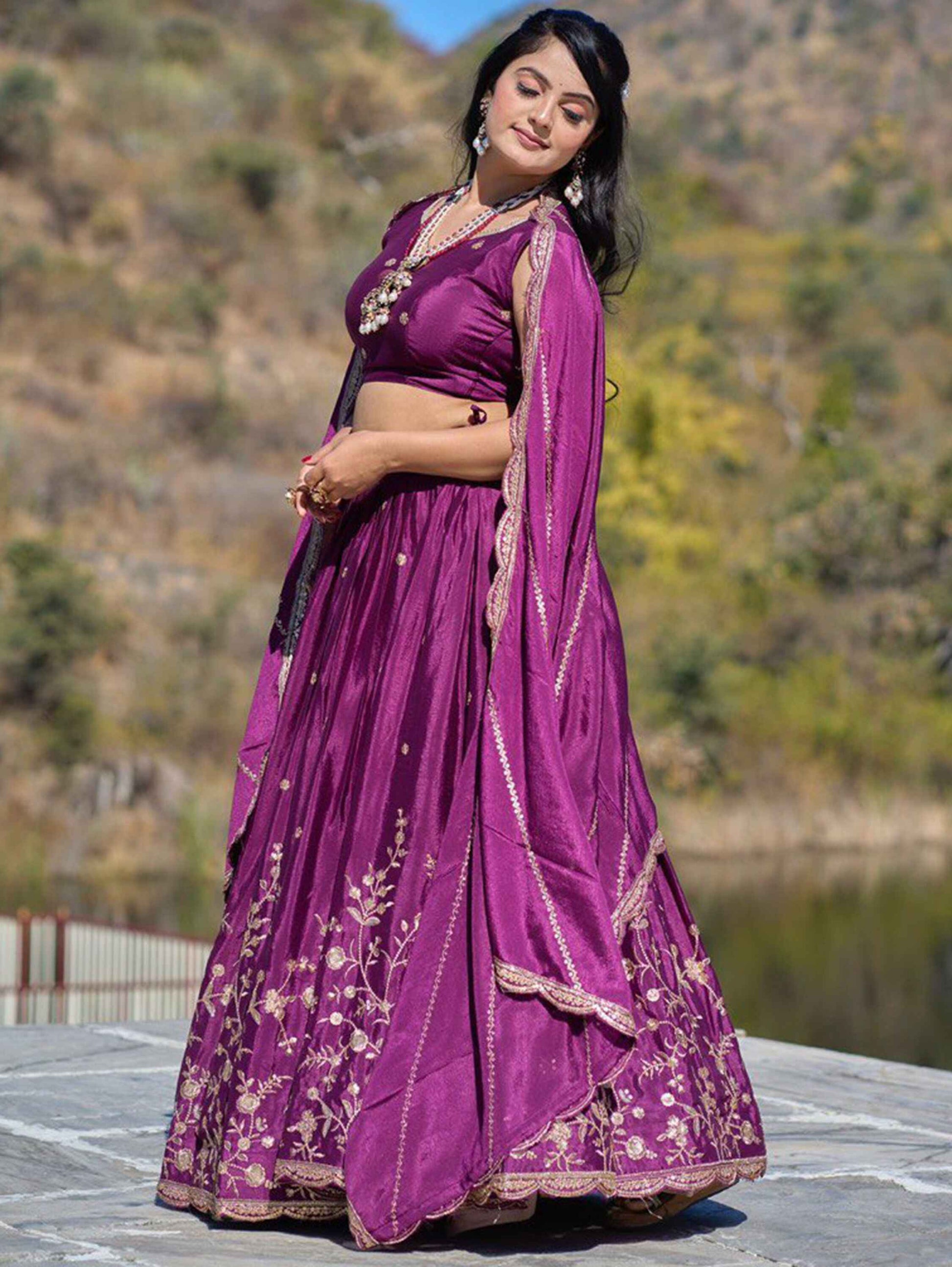 Attractive Wine Thread Work Chinon Wedding Wear Lehenga Choli
