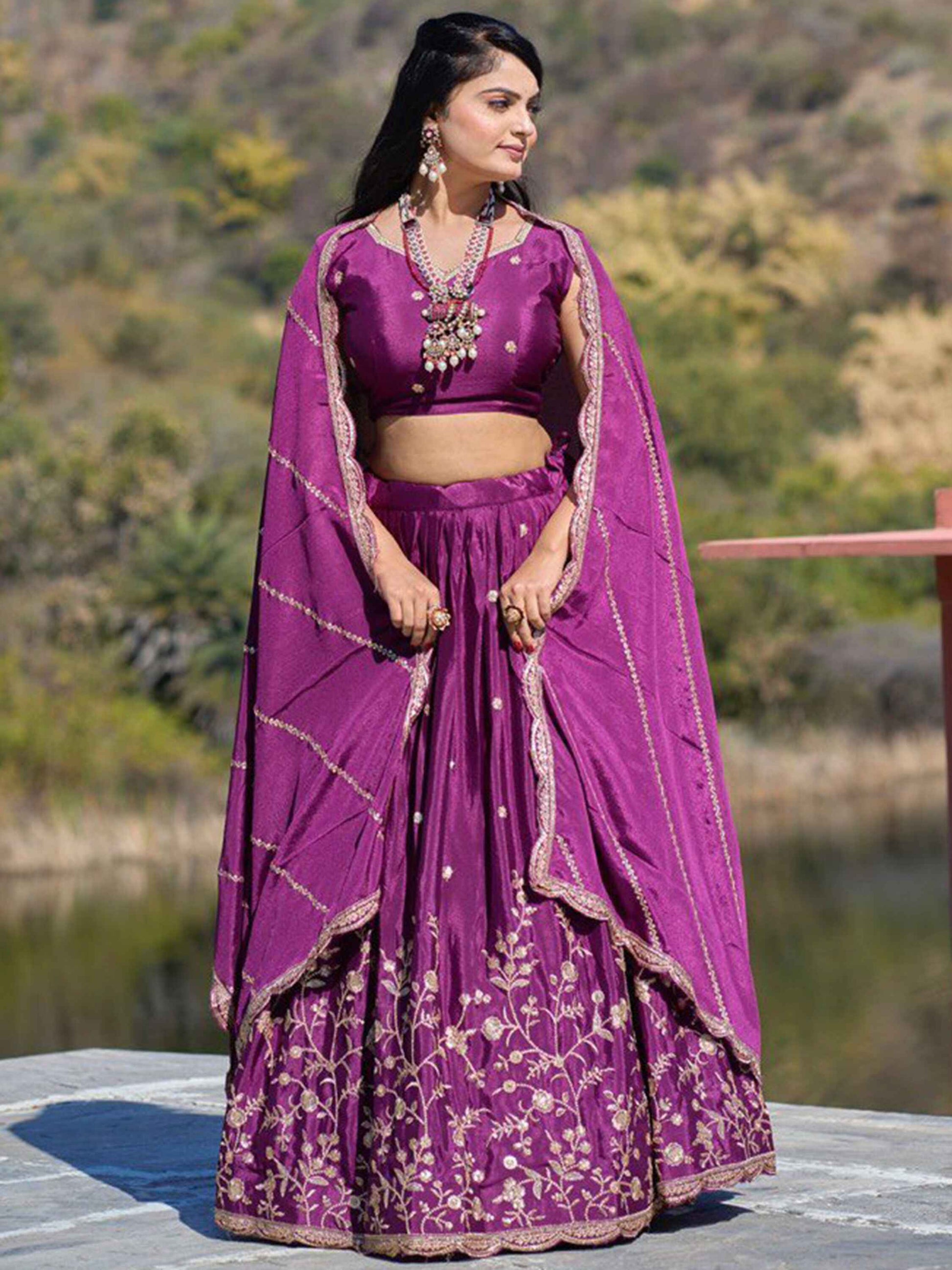 Attractive Wine Thread Work Chinon Wedding Wear Lehenga Choli