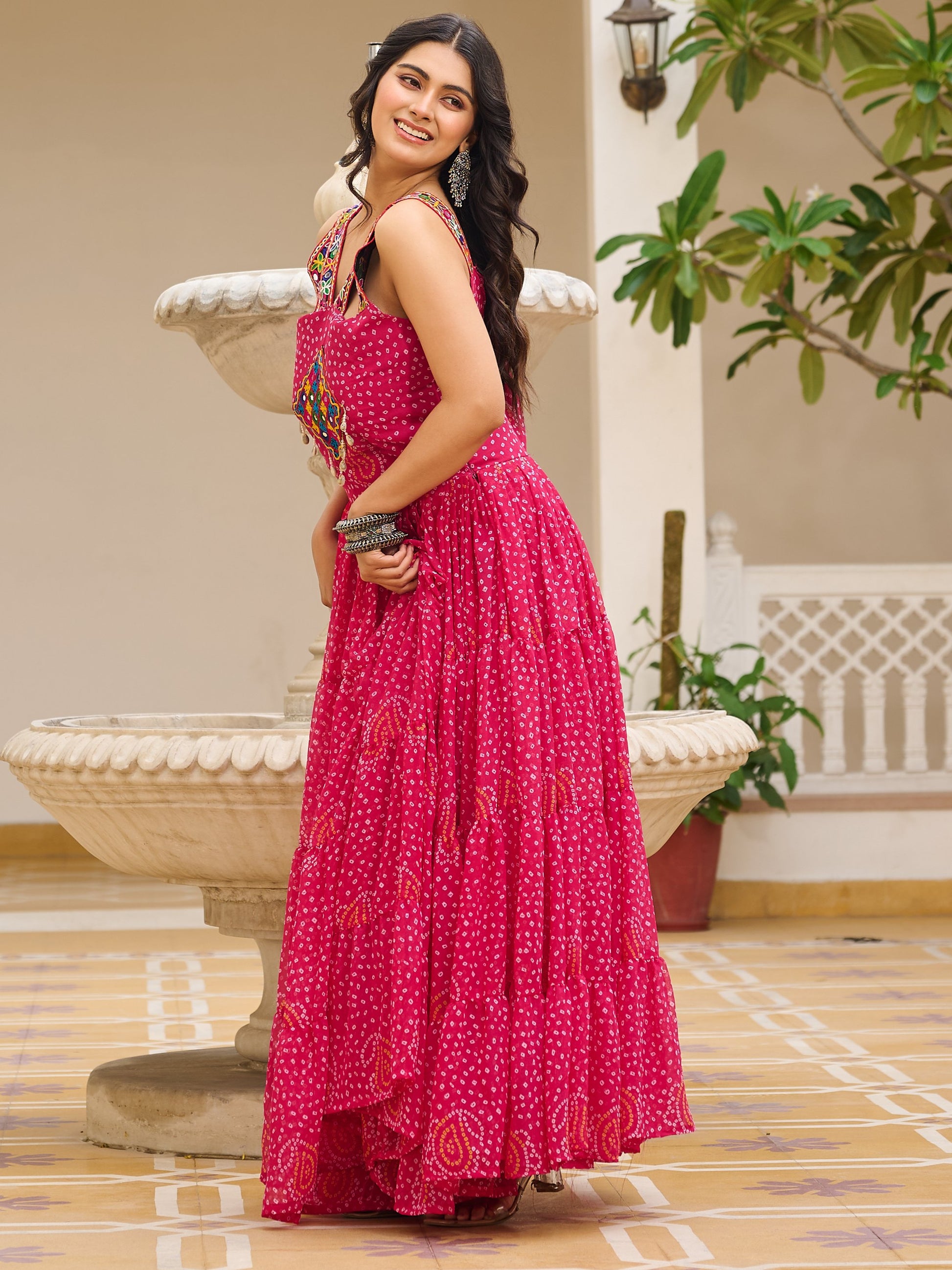 Pleasant Pink Bandhani Print Georgette Navratri Special Gown