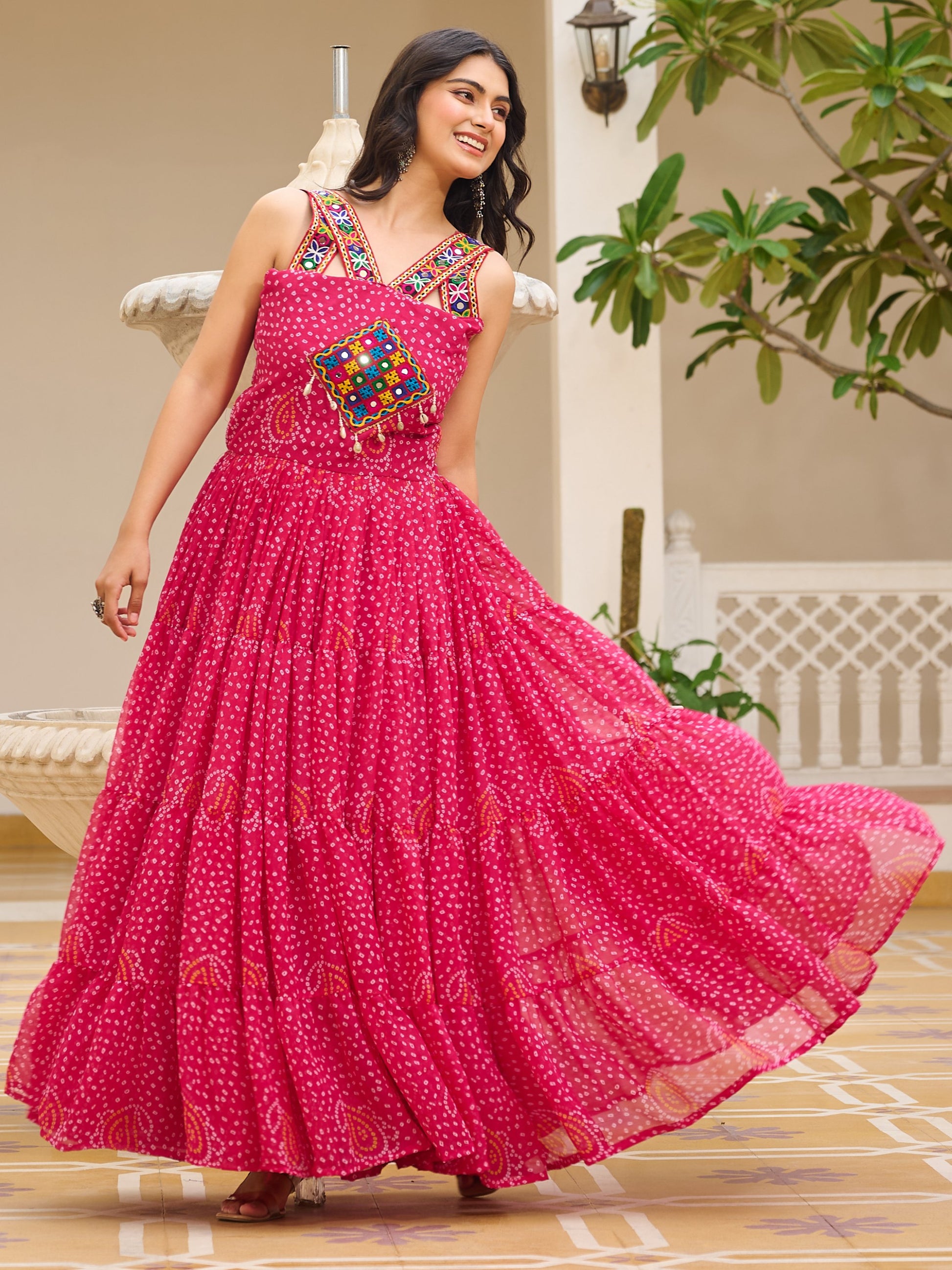 Pleasant Pink Bandhani Print Georgette Navratri Special Gown
