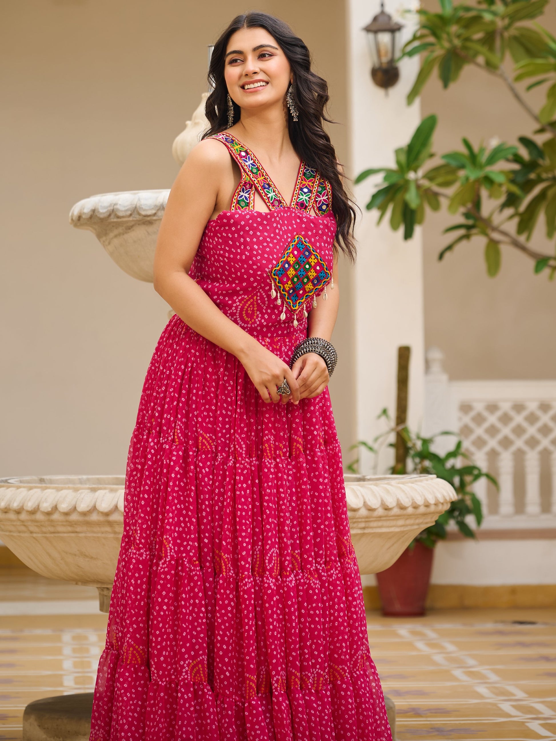 Pleasant Pink Bandhani Print Georgette Navratri Special Gown