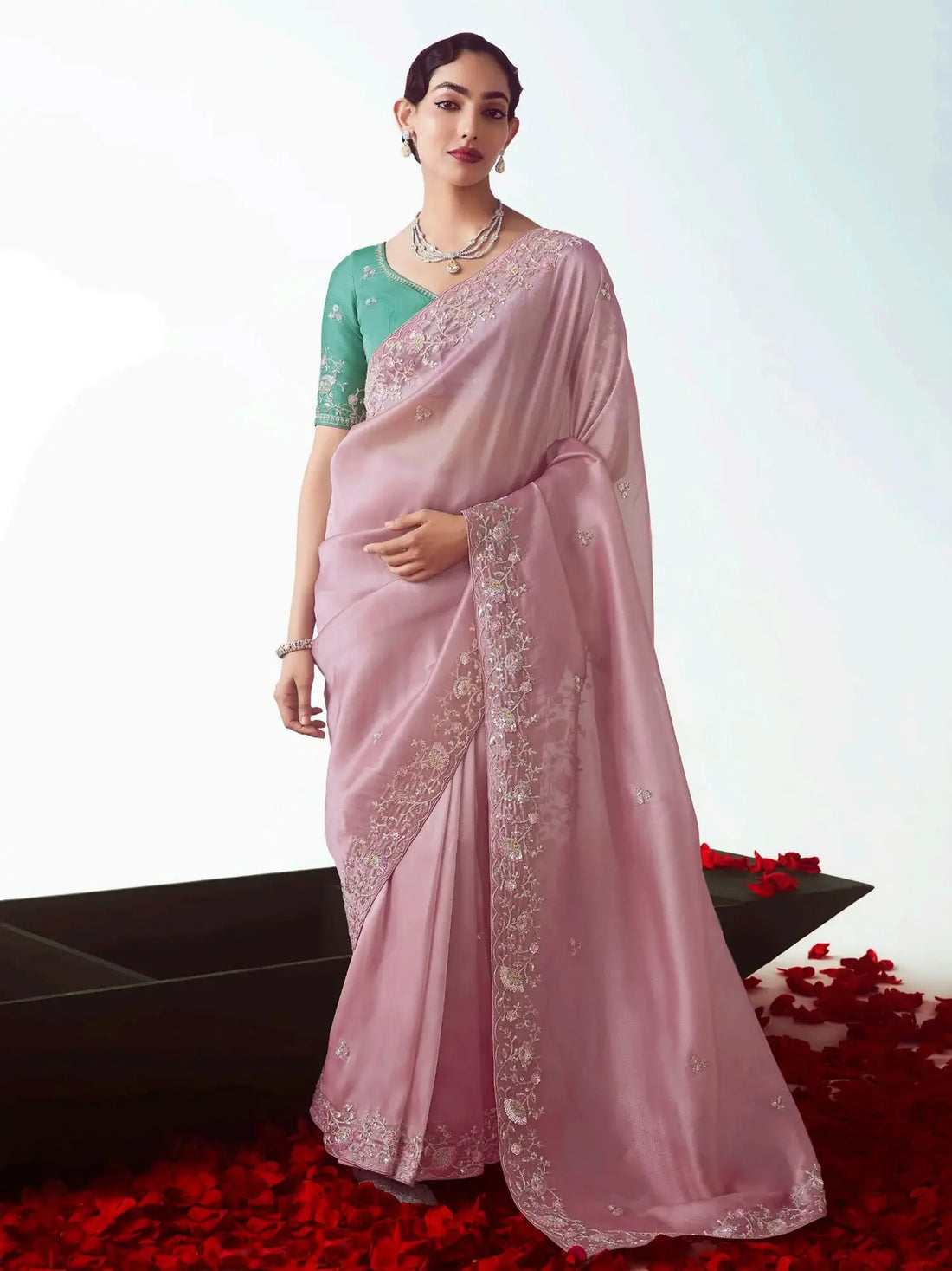 Pleasant Baby Pink Sequins Embroidery Organza Engagement Wear Saree With Blouse - Zeel Clothing