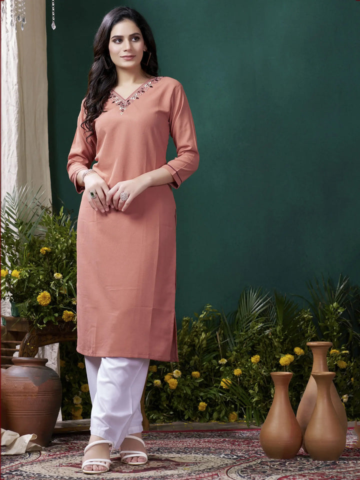 Precious Peach Embroidered Cotton Traditional Kurti With Pant - Zeel Clothing