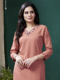 Precious Peach Embroidered Cotton Traditional Kurti With Pant - Zeel Clothing