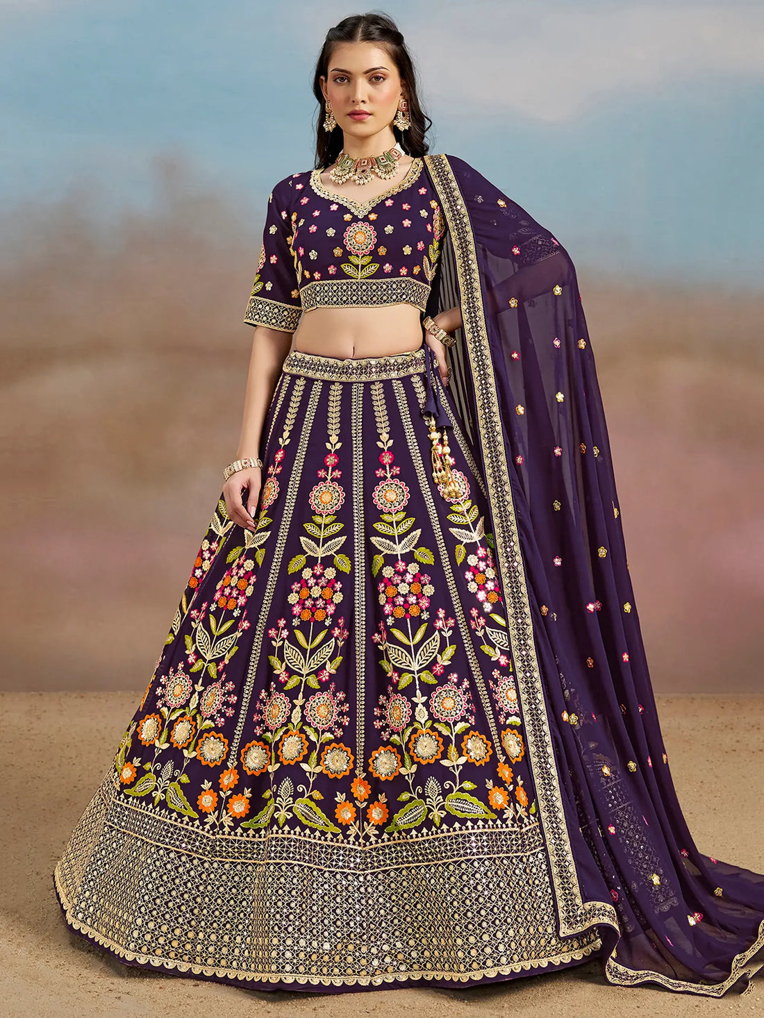 Precious Purple Thread Embroidered Georgette Bridesmaid Lehenga Choli - Zeel Clothing
