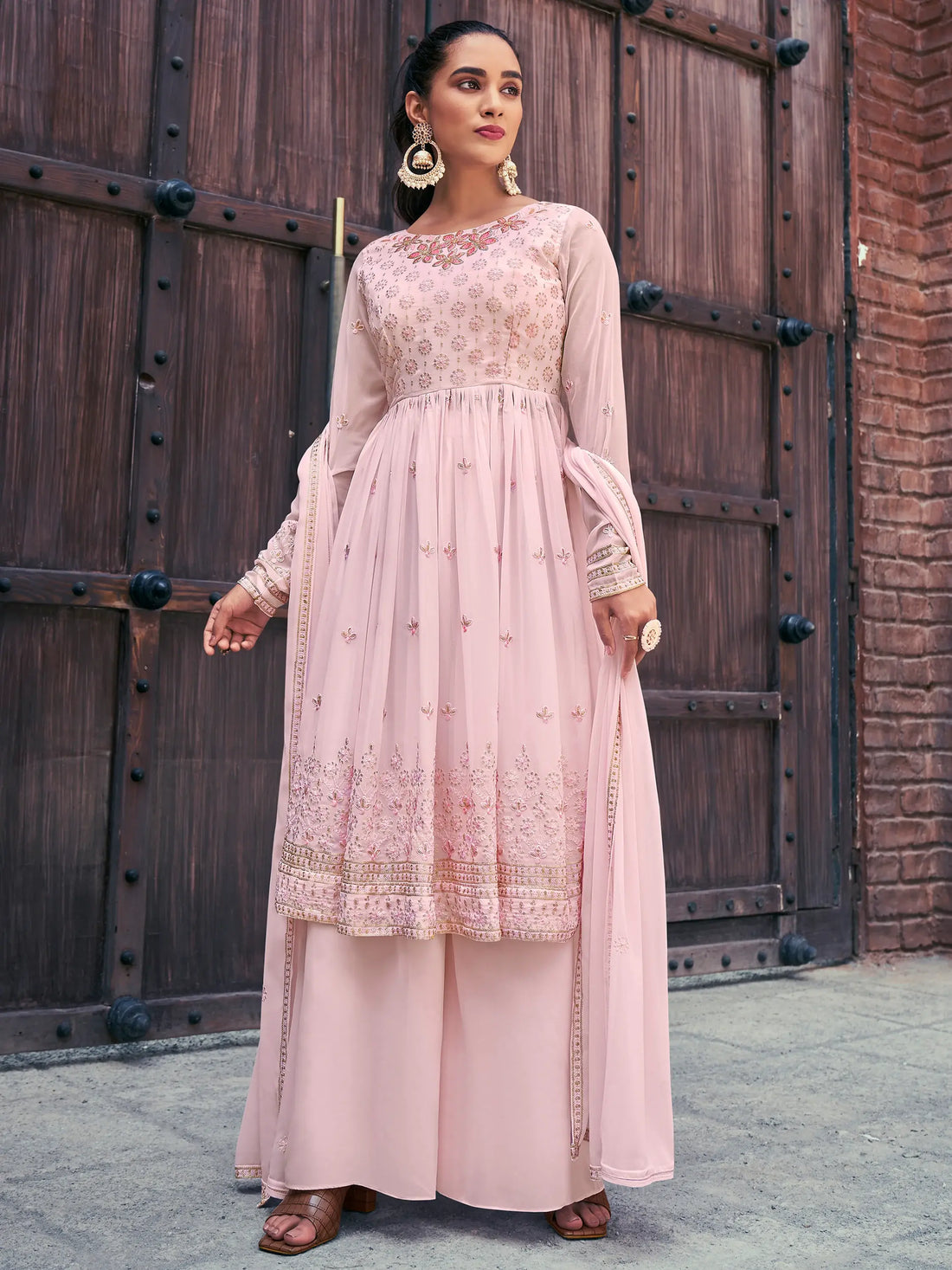 Pretty Baby Pink Embroidered Georgette Readymade Palazzo Suit - Zeel Clothing