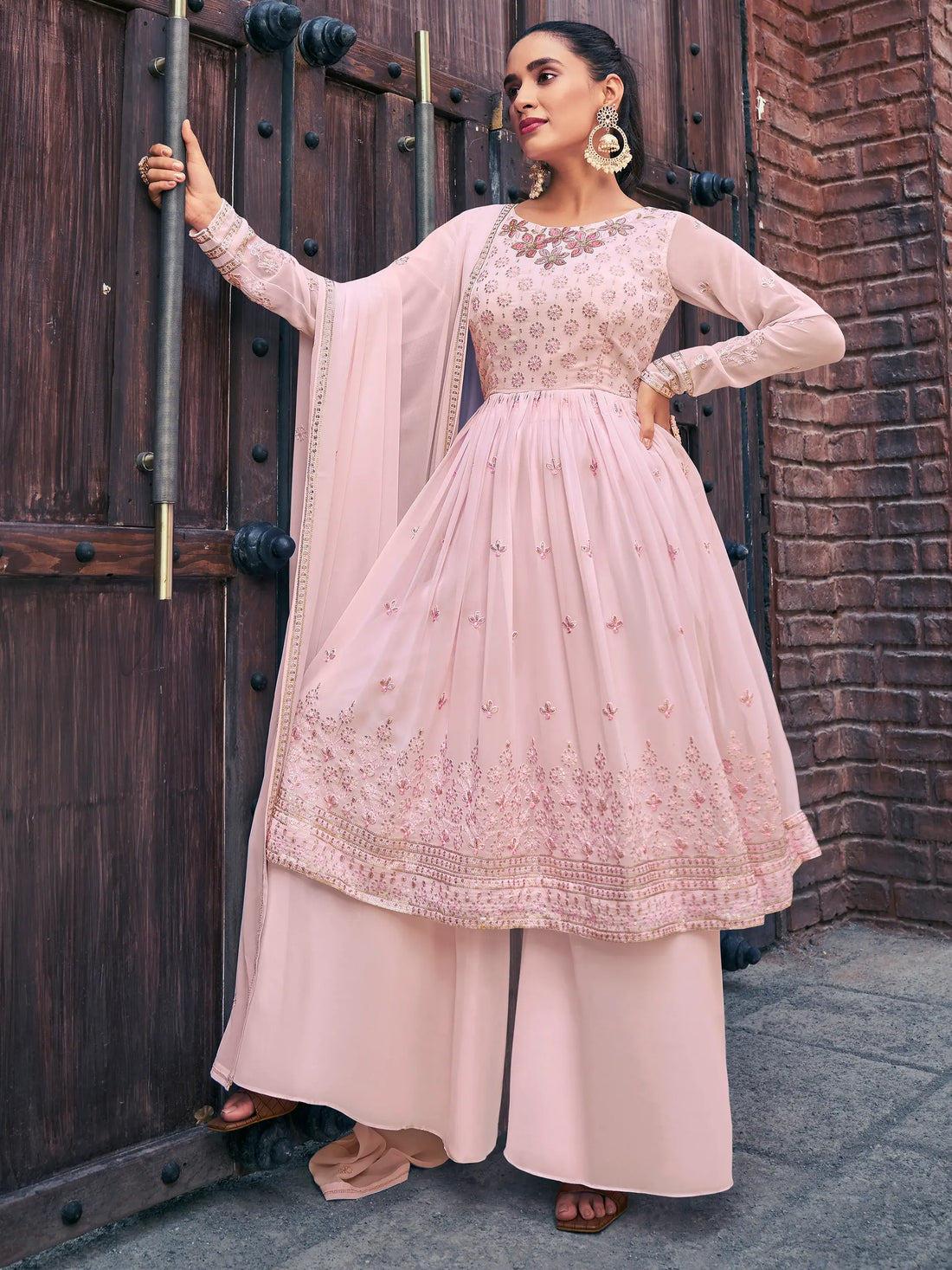 Pretty Baby Pink Embroidered Georgette Readymade Palazzo Suit - Zeel Clothing