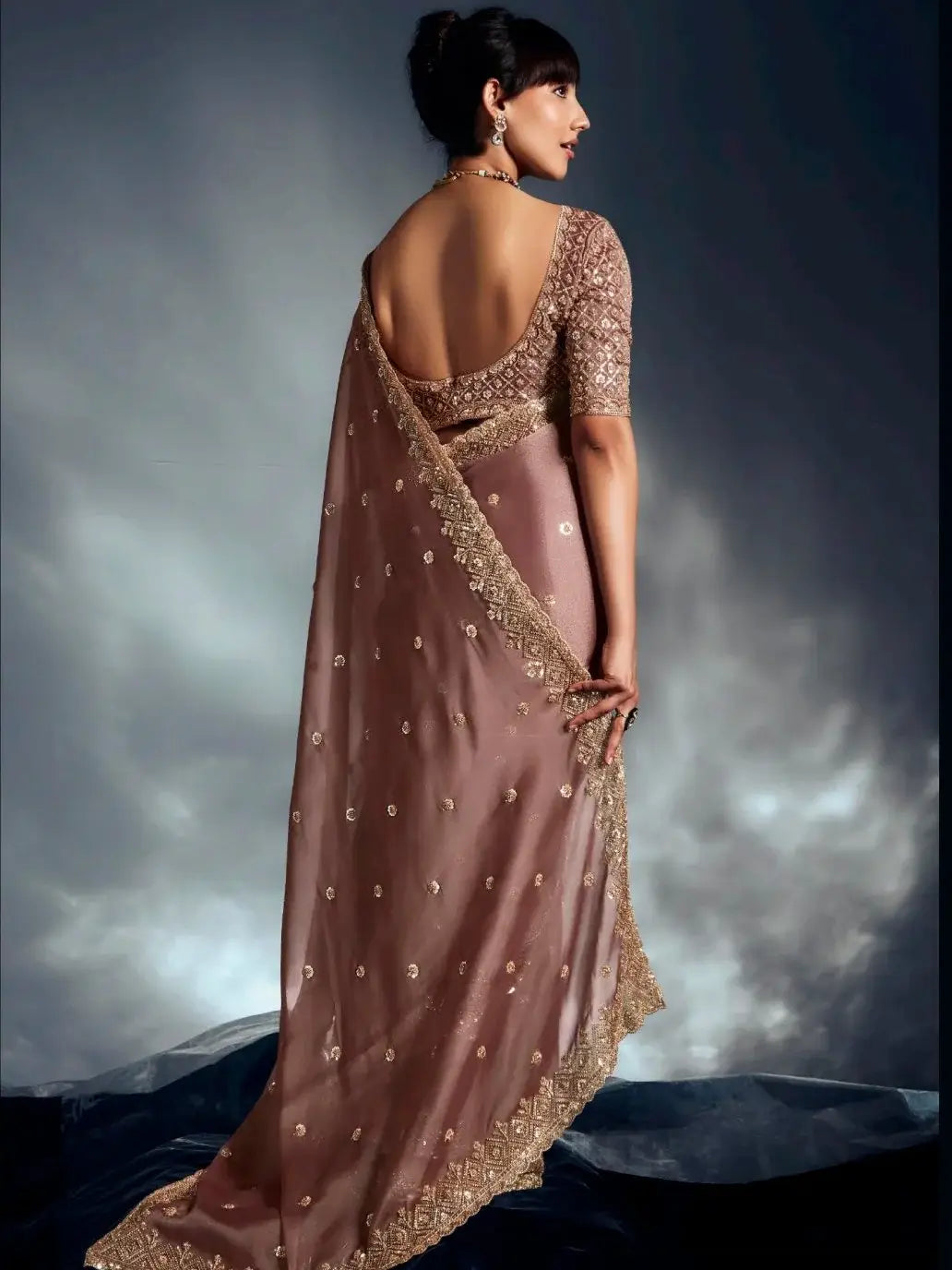 Pretty Dusky Brown Cutdana Embroidery Organza Bridesmaid Saree With Blouse - Zeel Clothing