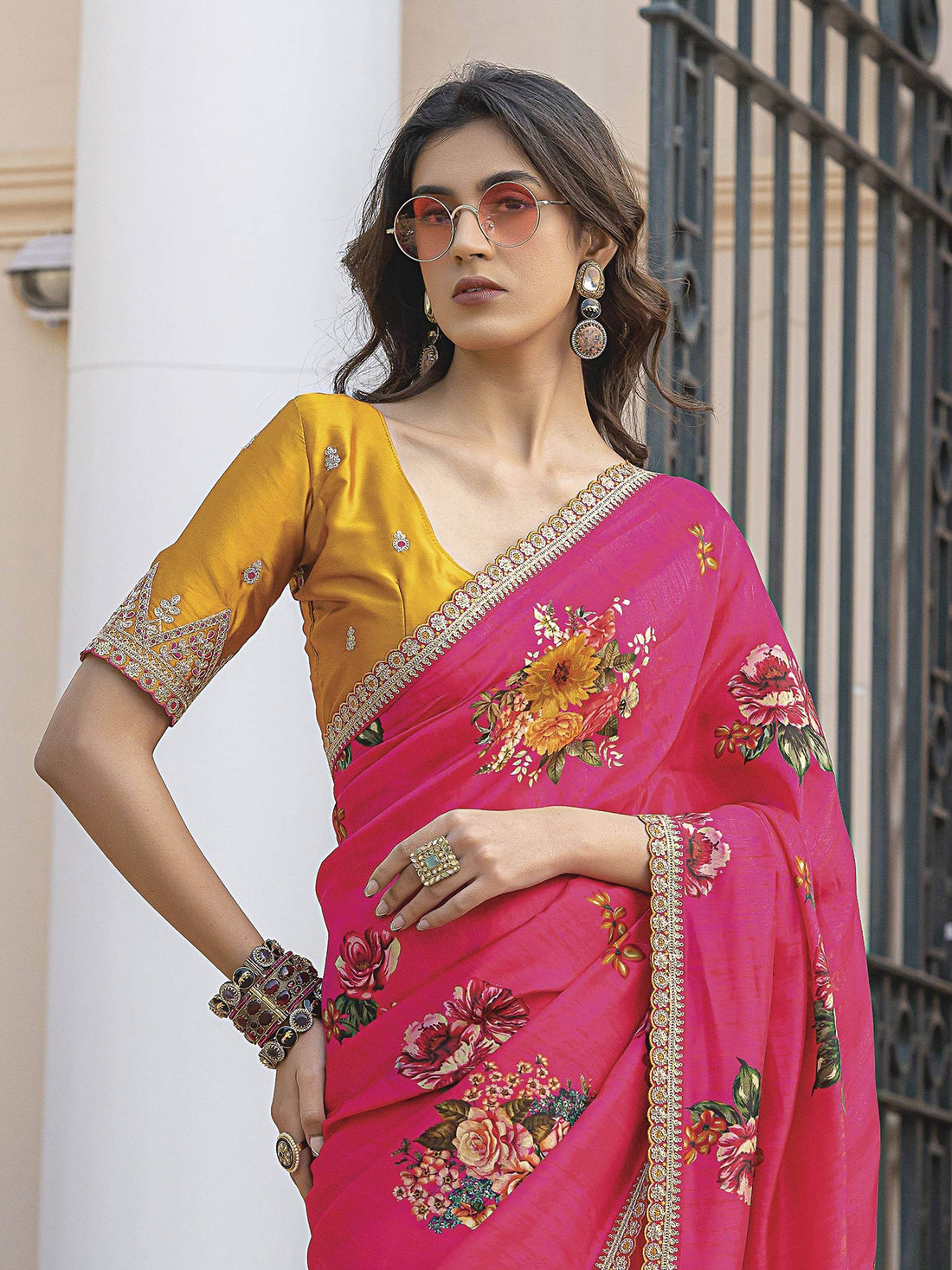 Pretty Pink Floral Printed Silk Saree With Mustard Yellow Blouse - Zeel Clothing
