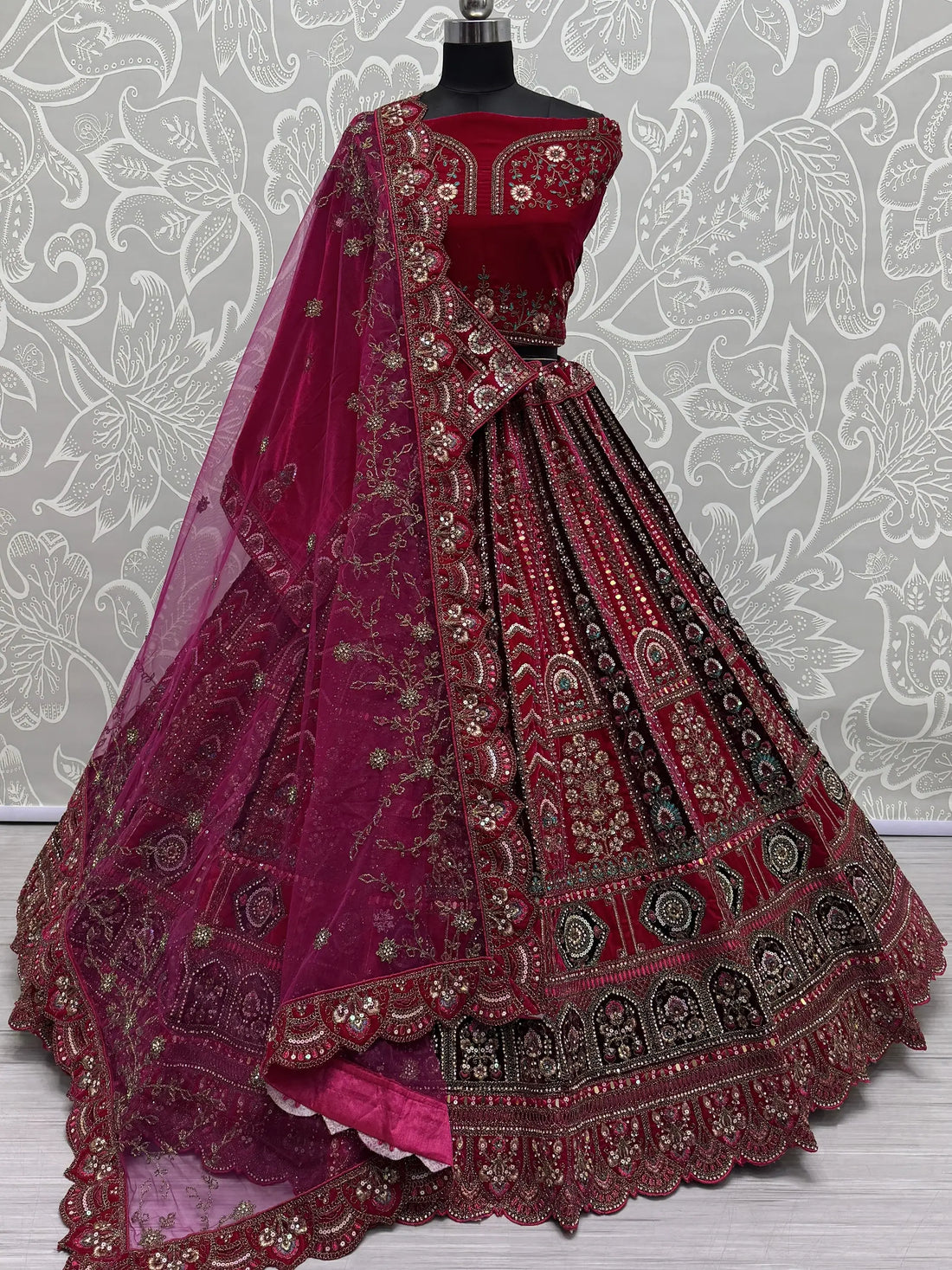 Pretty Pink Thread Work Velvet Bridal Lehenga Choli With Double Dupatta - Zeel Clothing