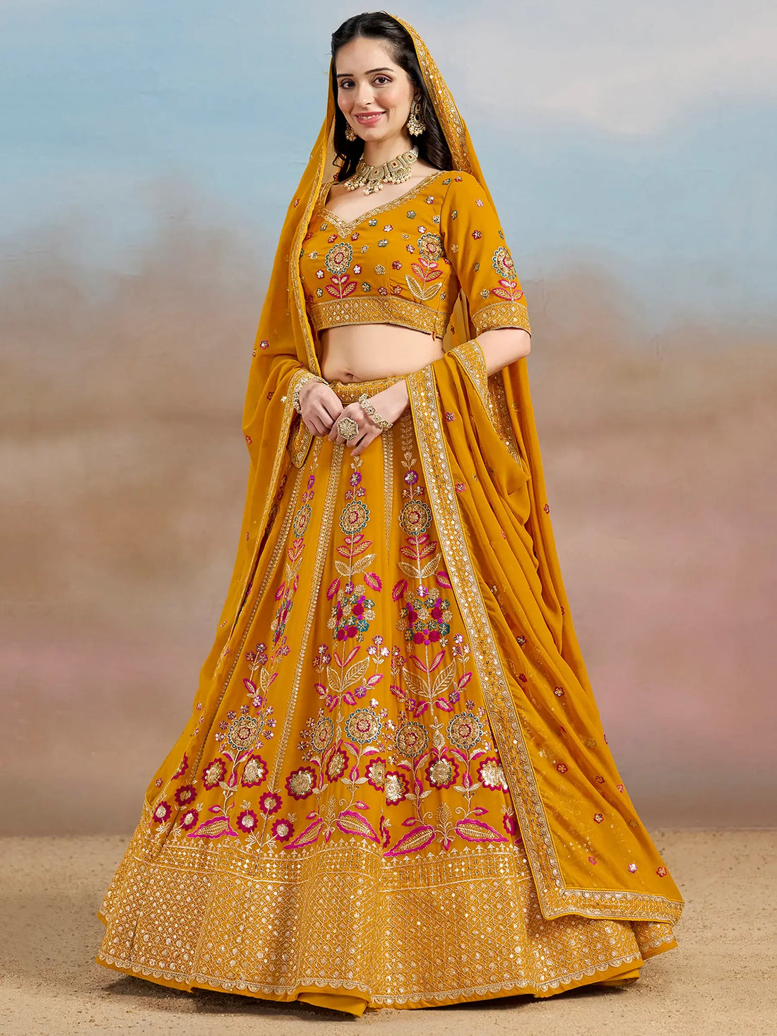 Pretty Yellow Thread Embroidered Georgette Haldi Wear Lehenga Choli - Zeel Clothing