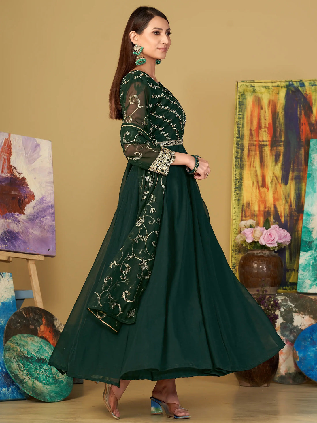Radiant Green Sequins Georgette Anarkali Suit With Dupatta - Zeel Clothing