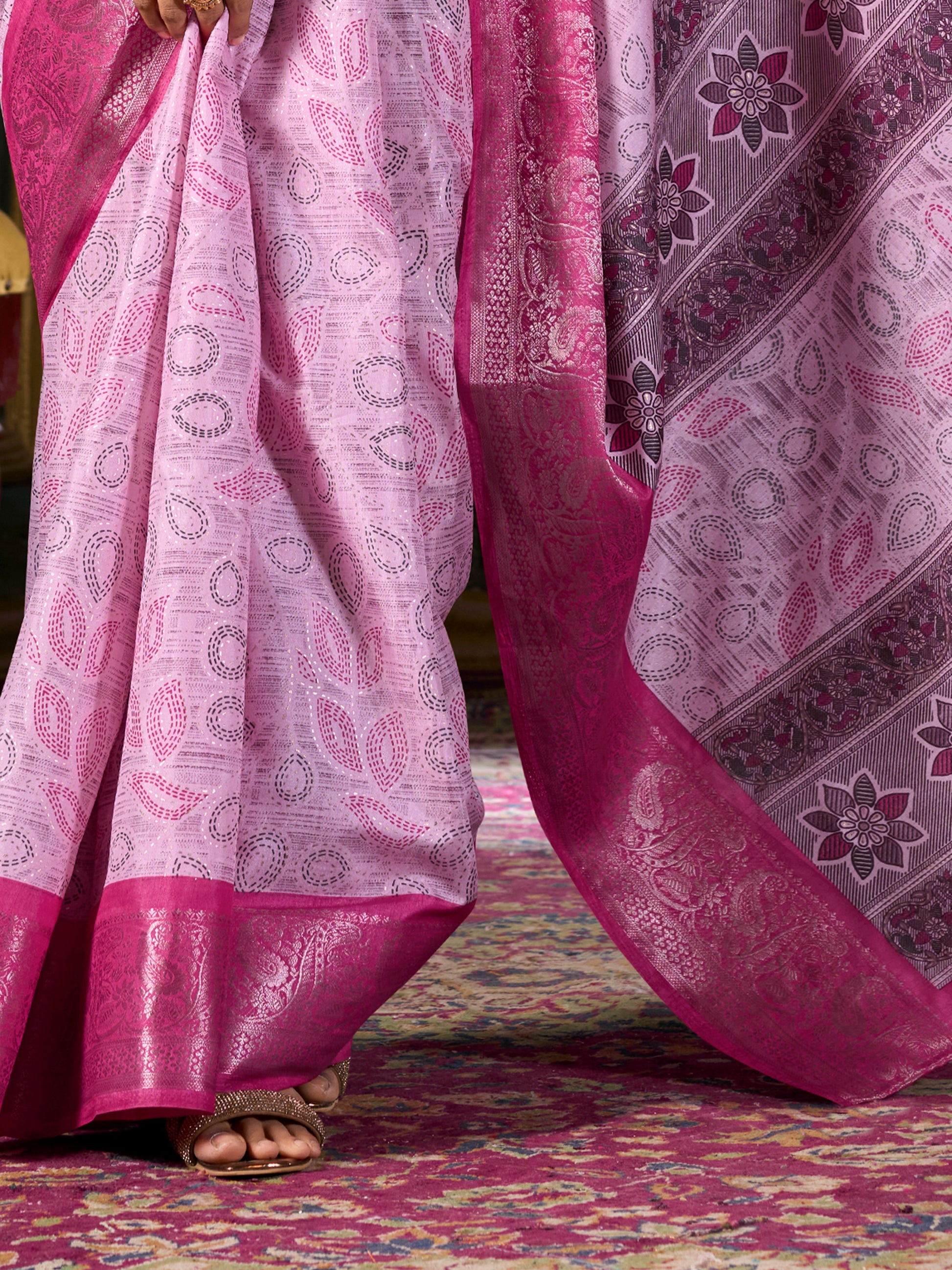 Beautiful Pink Printed Dola Silk Festival Wear Saree With Blouse