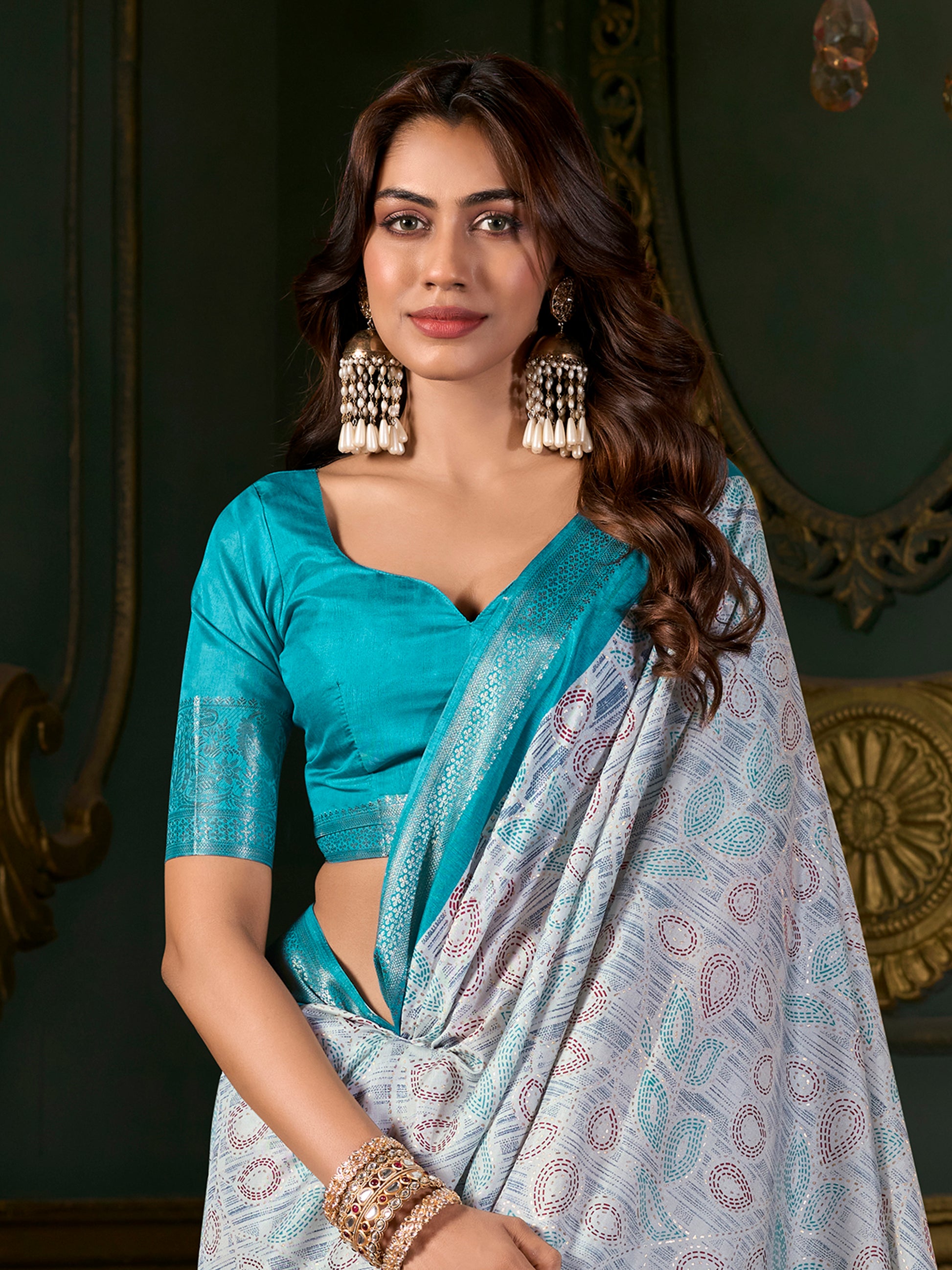 Amazing Teal Blue Printed Dola Silk Festival Wear Saree With Blouse