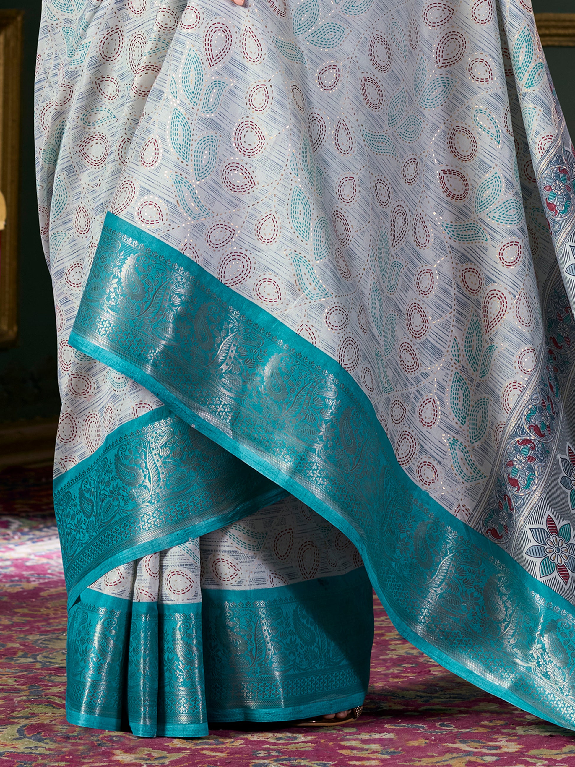 Amazing Teal Blue Printed Dola Silk Festival Wear Saree With Blouse