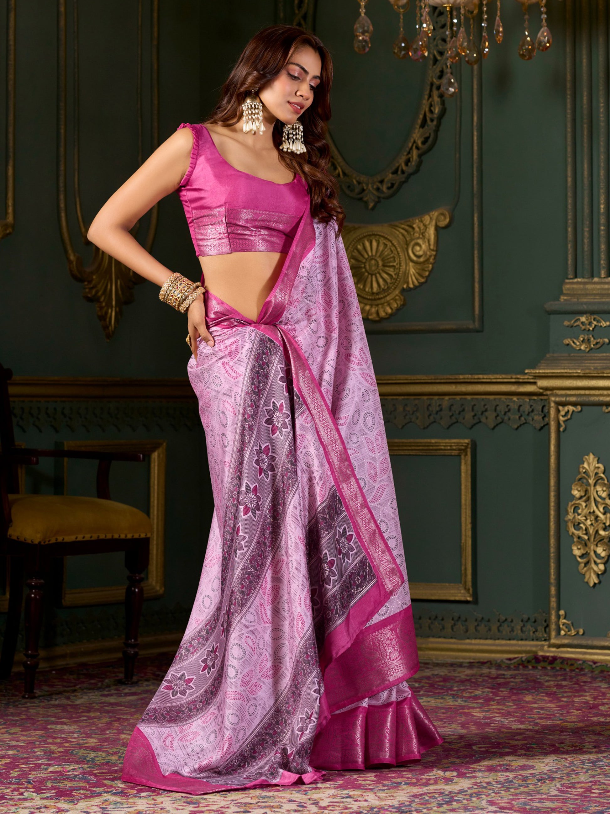 Beautiful Pink Printed Dola Silk Festival Wear Saree With Blouse