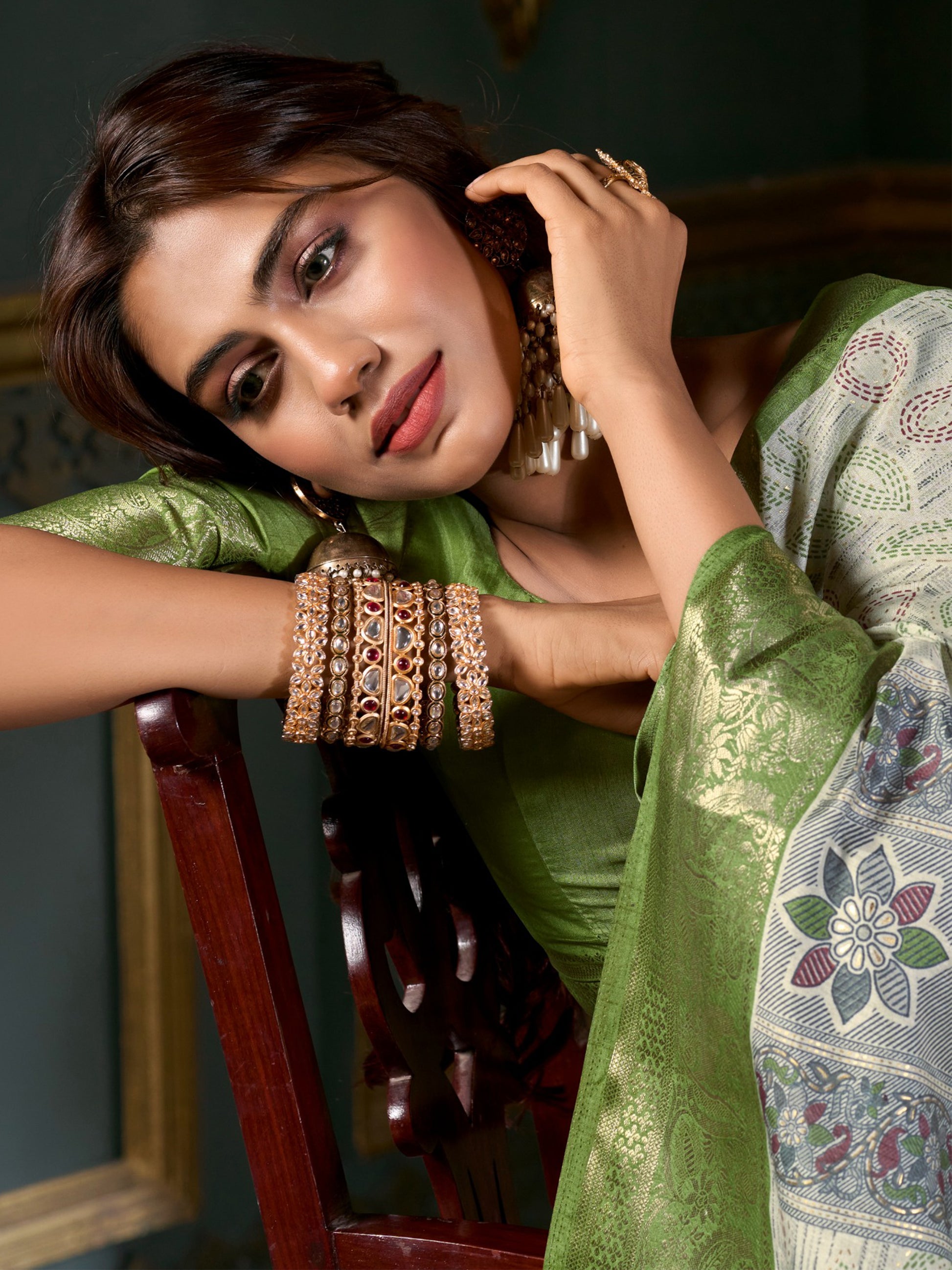 Adorable Olive Green Printed Dola Silk Mehendi Wear Saree With Blouse