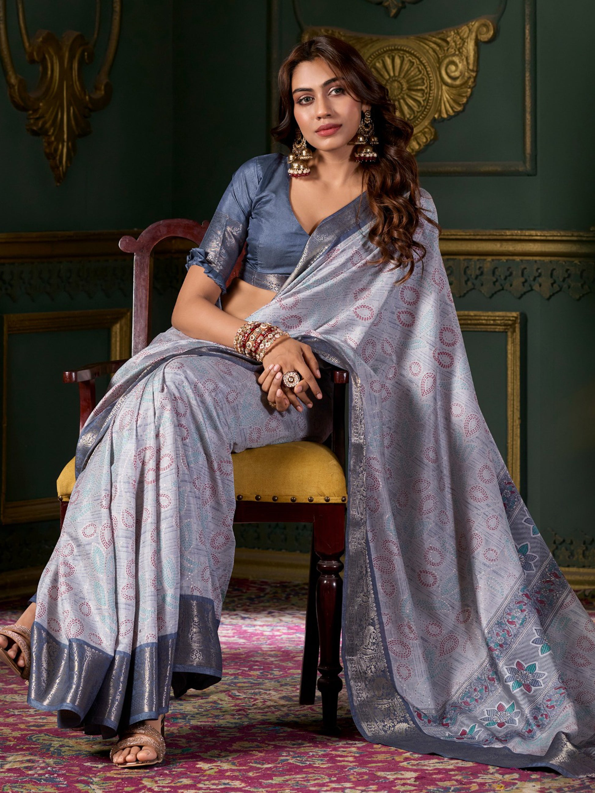 Attractive Dusty Blue Printed Dola Silk Event Wear Saree With Blouse