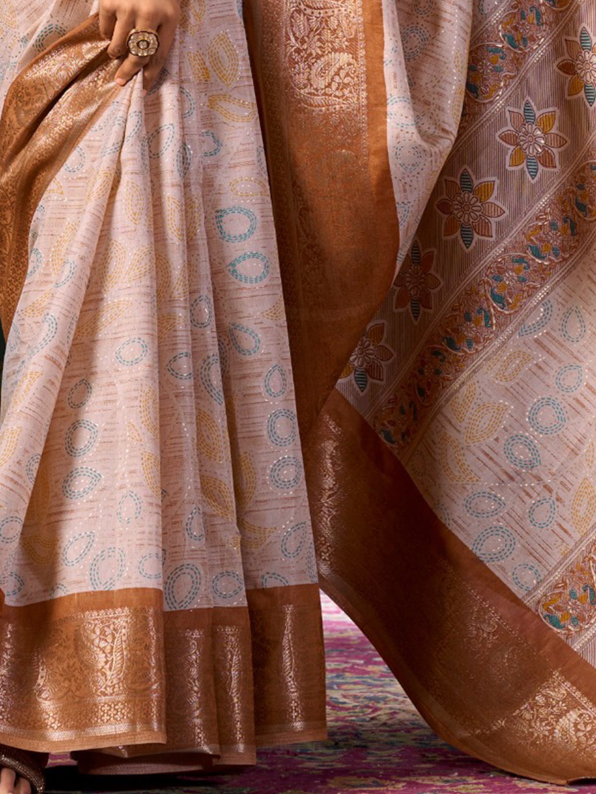 Marvelous Brown Printed Dola Silk Traditional Saree With Blouse