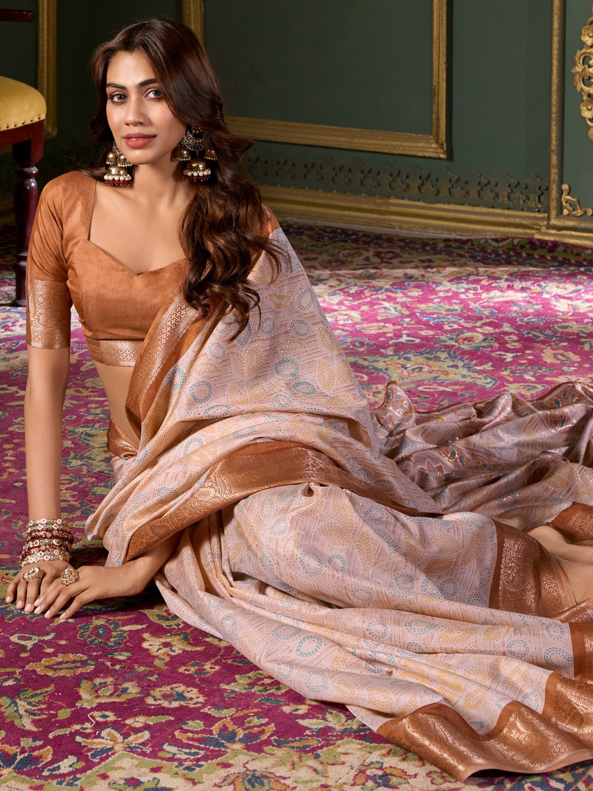 Marvelous Brown Printed Dola Silk Traditional Saree With Blouse