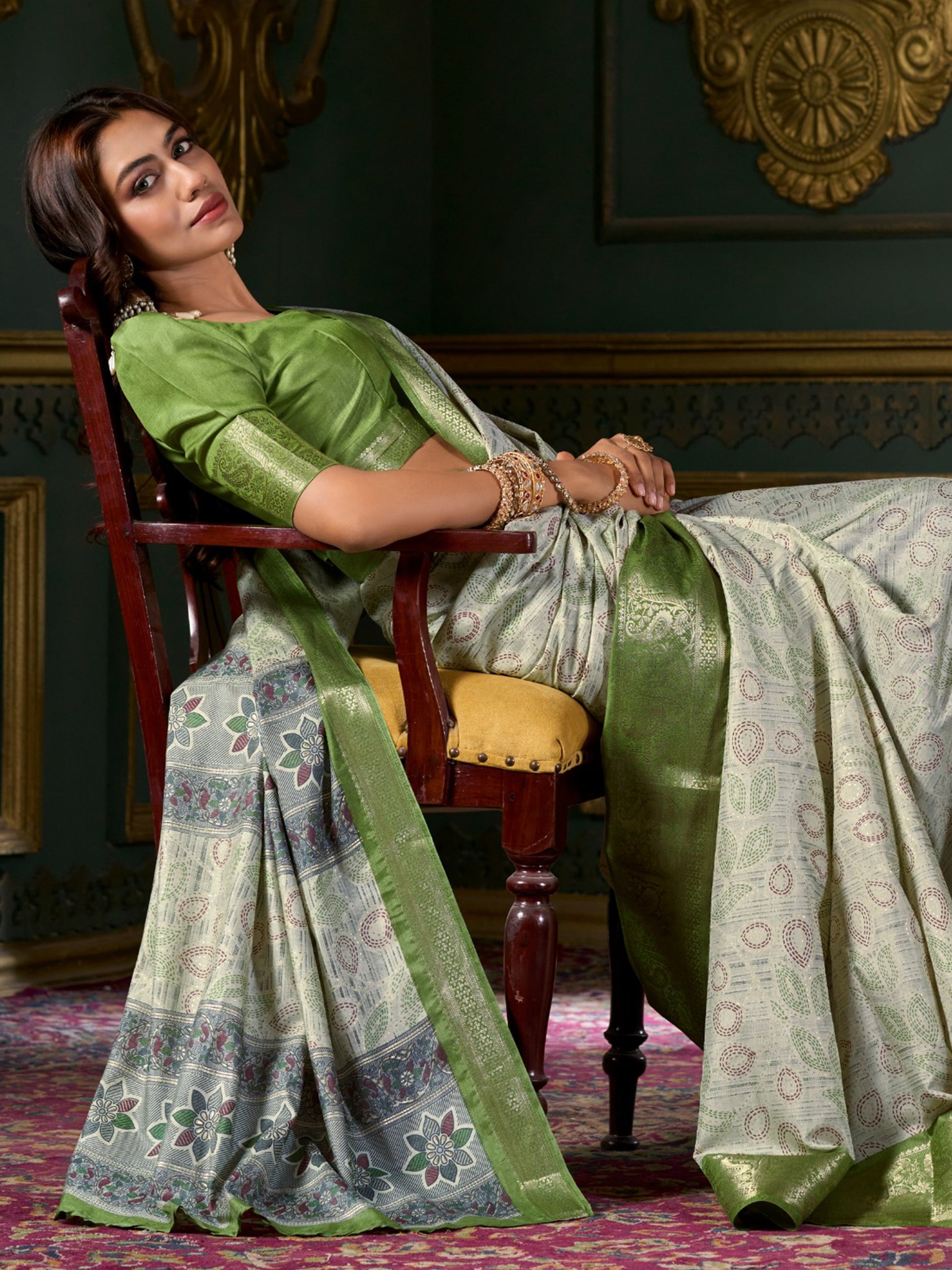 Adorable Olive Green Printed Dola Silk Mehendi Wear Saree With Blouse